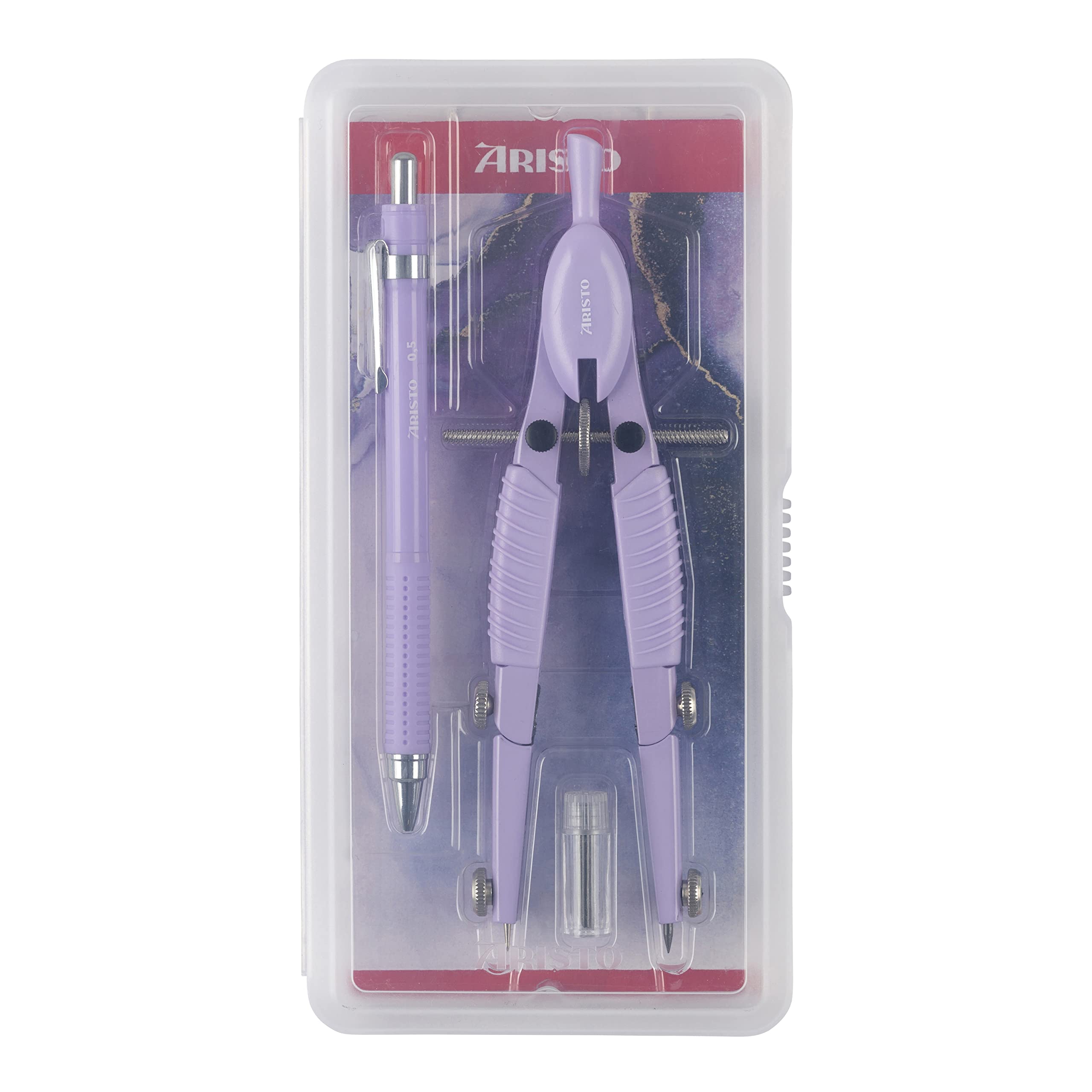 Aristo AR55810 Topline Mat Series Schnellverstellzirkel & Druckbleistift (Kreise bis 370 mm Durchmesser, Ersatzminen, Schenkel aus Zinkdruckguss) soft lavender Studio Pen Set, Mat Series soft lavender