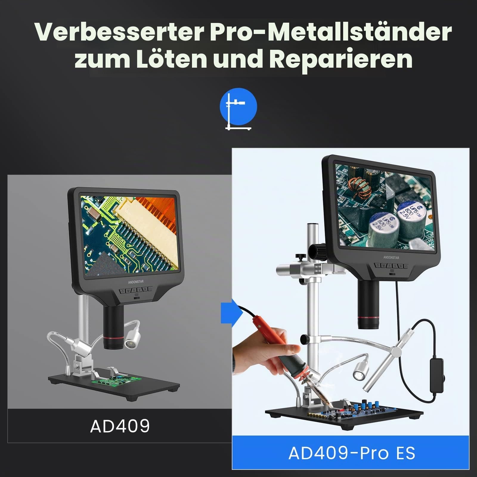 Andonstar AD409 Pro HDMI Digitales Mikroskop mit Endoskop, 10,1 Zoll LCD-Bildschirm Lötmikroskop, 300X USB Elektronische Mikroskopkamera für PCB-Löten, Münzsammlung, unterstützt Windows PC