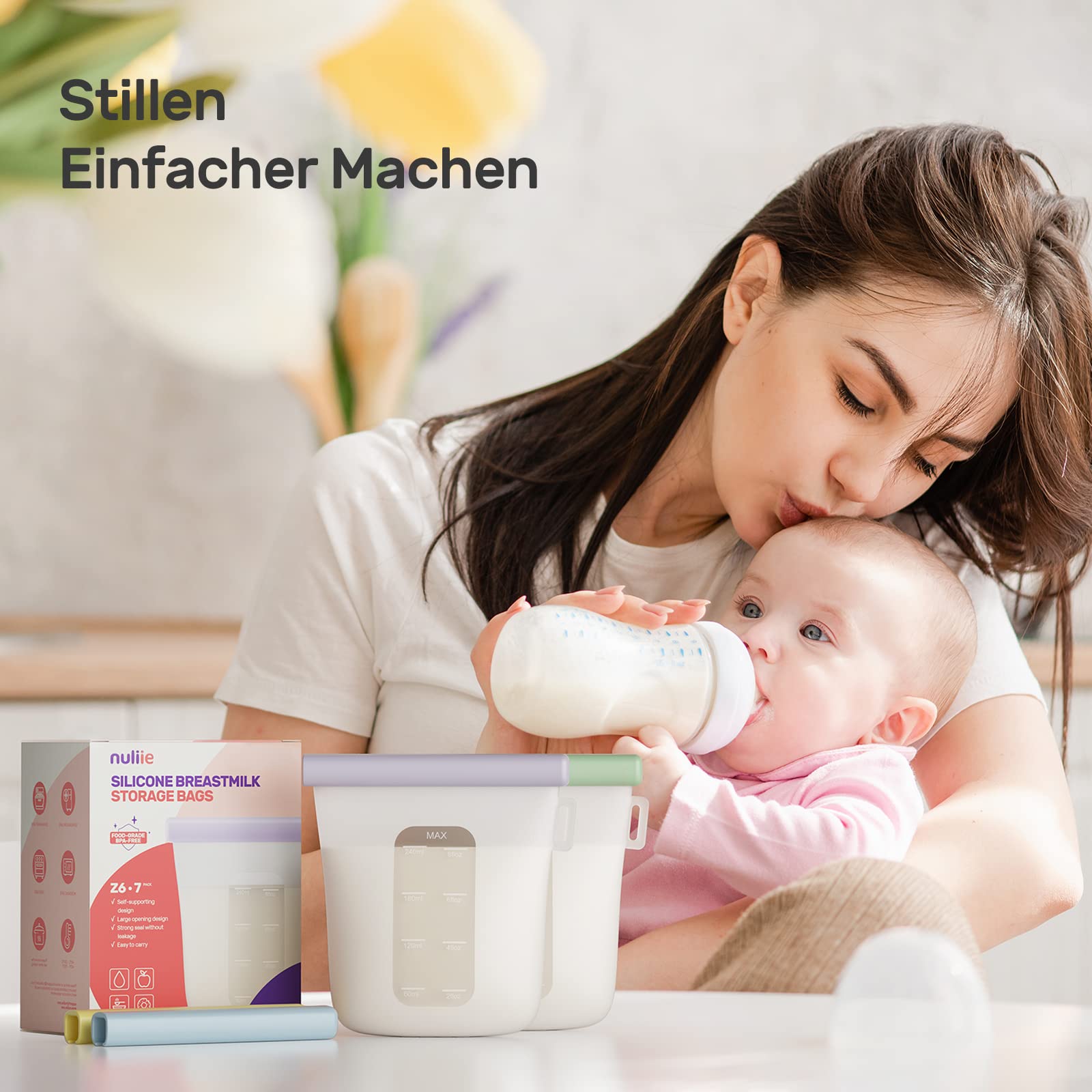 Nuliie 7 Stück Wiederverwendbare Muttermilchbeutel, 8oz/240ml Auslaufsichere Muttermilch Aufbewahrung, Gefrierschrank Lebensmittelqualität Silikon-Milchbeutel für das Stillen, BPA Frei, Selbststehend