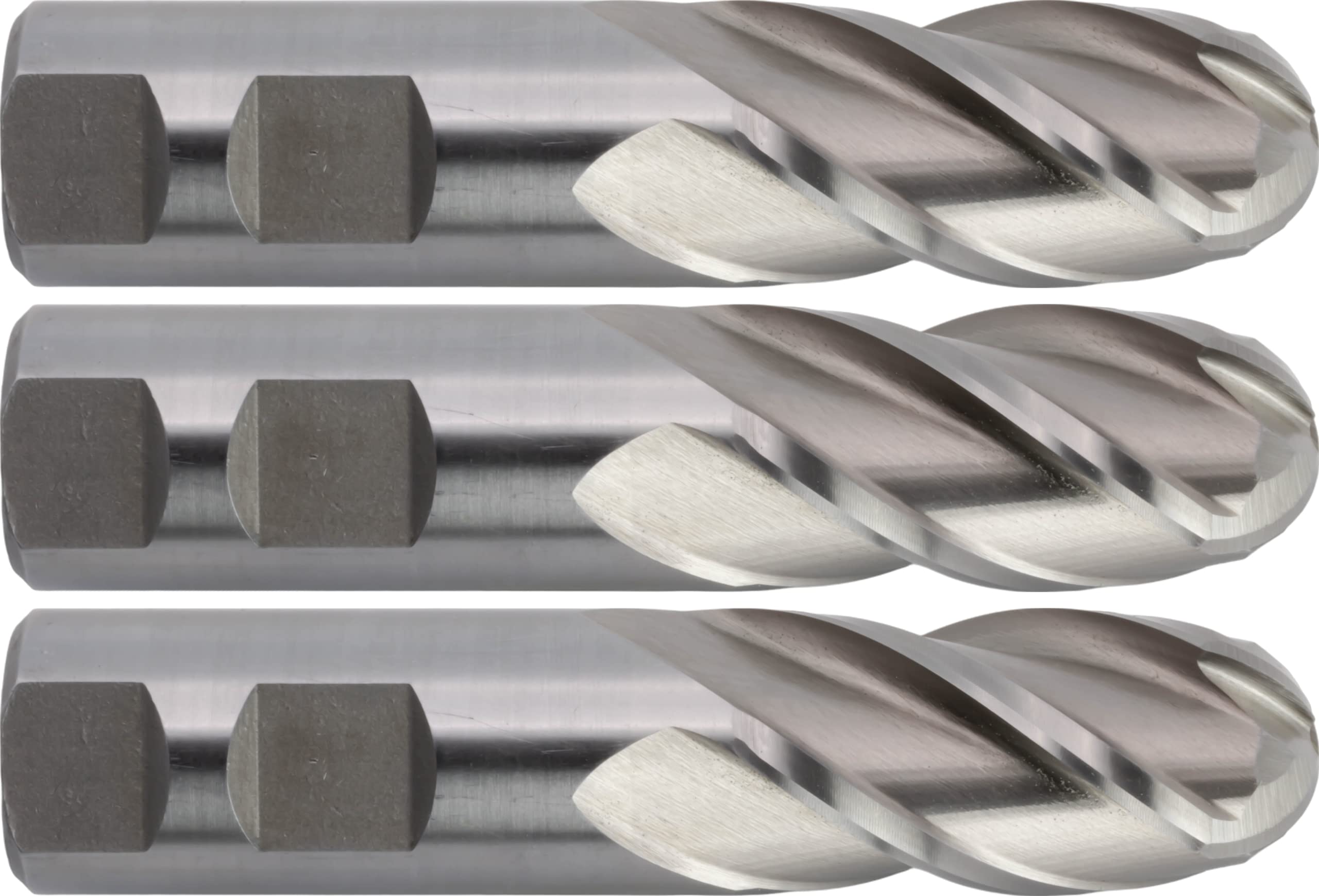 3 pcs M42 Cobalt End Mills, Ball Nose, Bright (Uncoated) Finish, 1