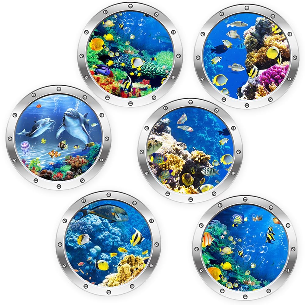 Set de 6 Adhesivos Murales 3D de Criaturas Marinas Cartoon Peces del Océano Stickers de Ventana Falsa Submarina para Habitación Infantil, Adhesivos de PVC Resistentes al Agua