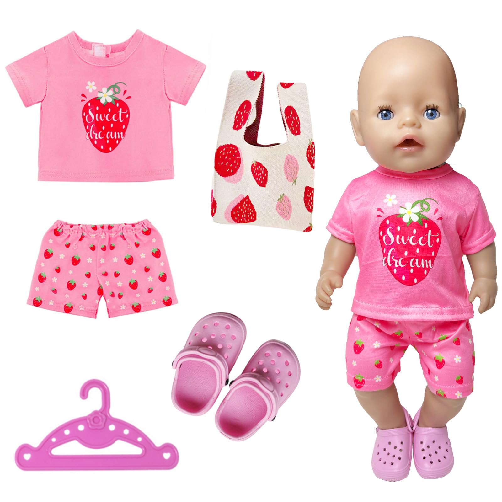 Xerteam Doll Clothes, Clothes Set for 30-45 cm Baby Dolls, Sweet Outfits, Pajamas, Hangers, Random Strawberry Bag for Children, Shoes with Small Holes, Doll Clothes in Strawberry Sweet Style