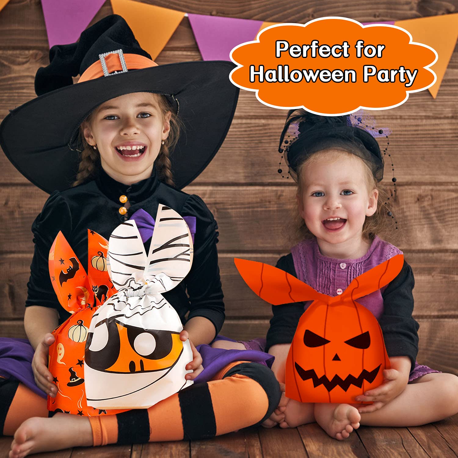 100 Stück Halloween-Leckerli-Tüten – Bunt Bedruckt, Mit Hasenohren, Ca. 14 X 23 Cm, Für Süßigkeiten & Snacks