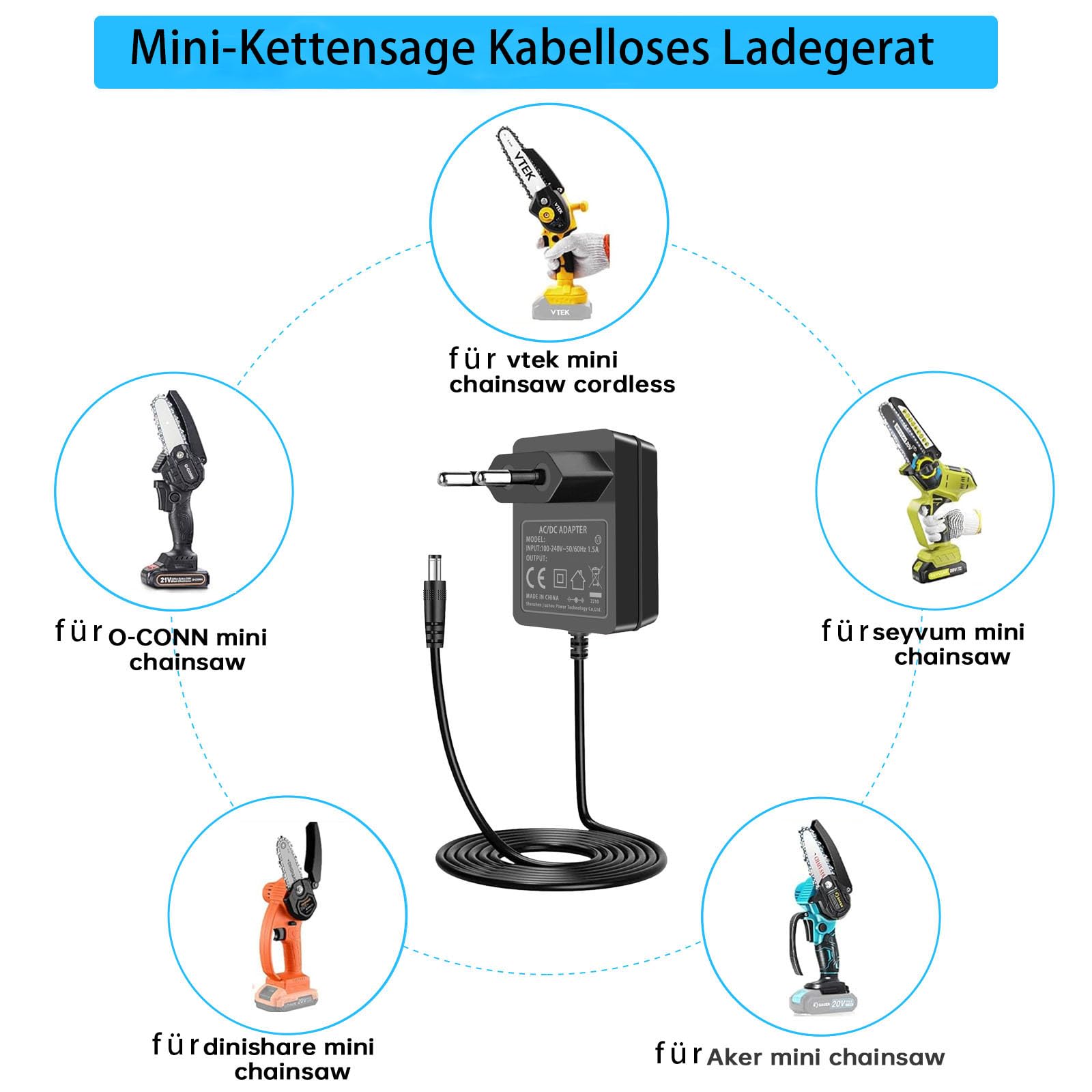21V Lithium Akku Ladegerät, kompatibel mit 20V und 21V Mini Kettensägen. | Akku Laubbläsern, Bohrmaschinen, Schraubenschlüsseln, Schraubendrehern und anderen Elektrowerkzeugen.