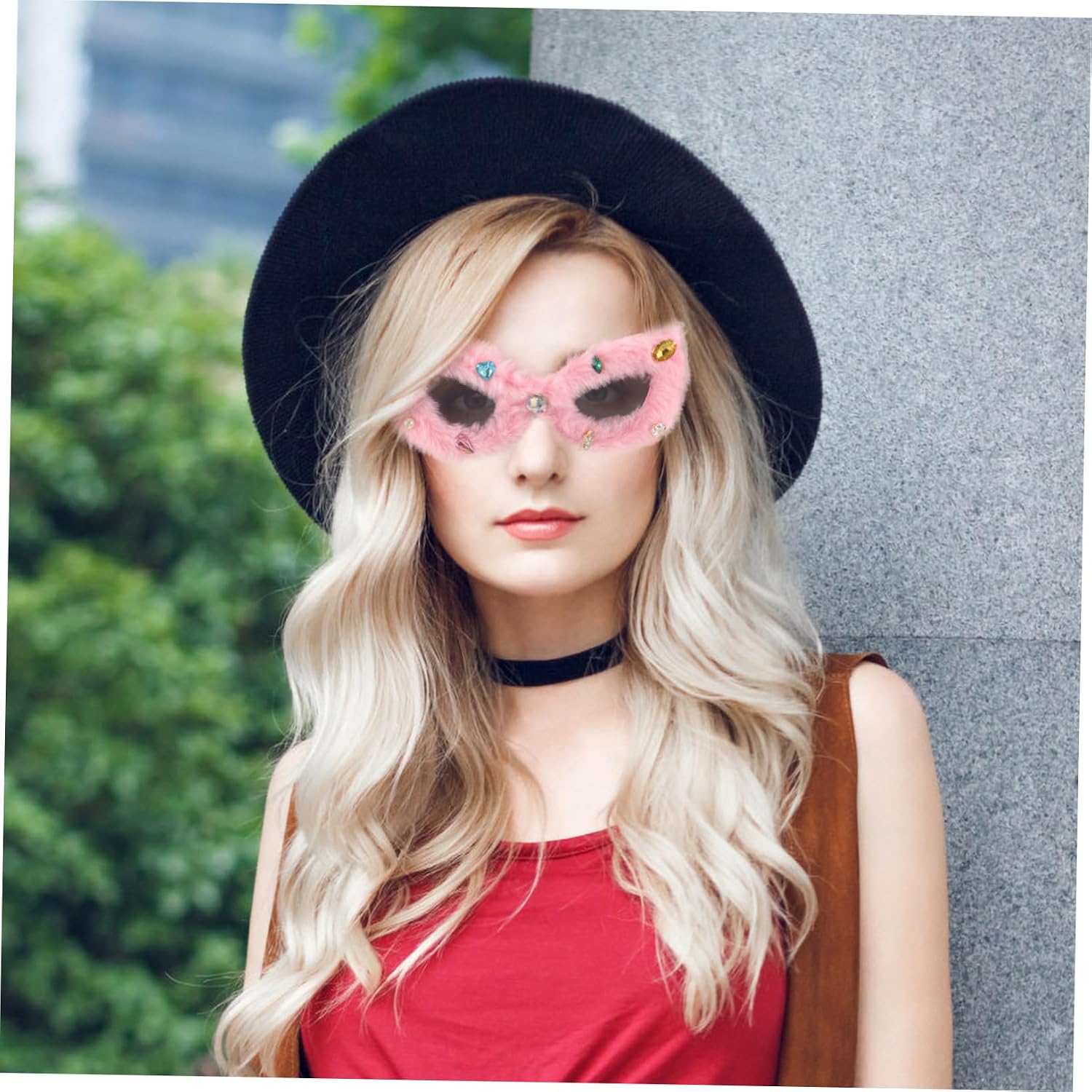 Garneck Fuzzy Red Sunglasses for Women - Plush and Soft Velvet Shades - for Parties Cosplay and Festivals Handmade Decorative Eyewear for a Stylish Look