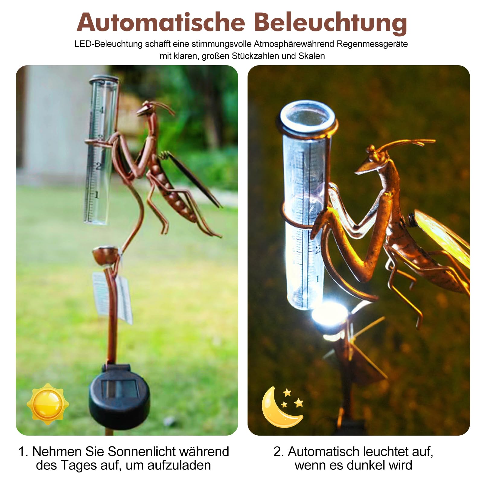 HOSPAOP Pluviomètre Solaire de Jardin avec LED et Piquet – Verre Résistant au Gel, Mesure Précise des Précipitations pour Pelouse, Terrasse, Champs, Patio, Déco Extérieure