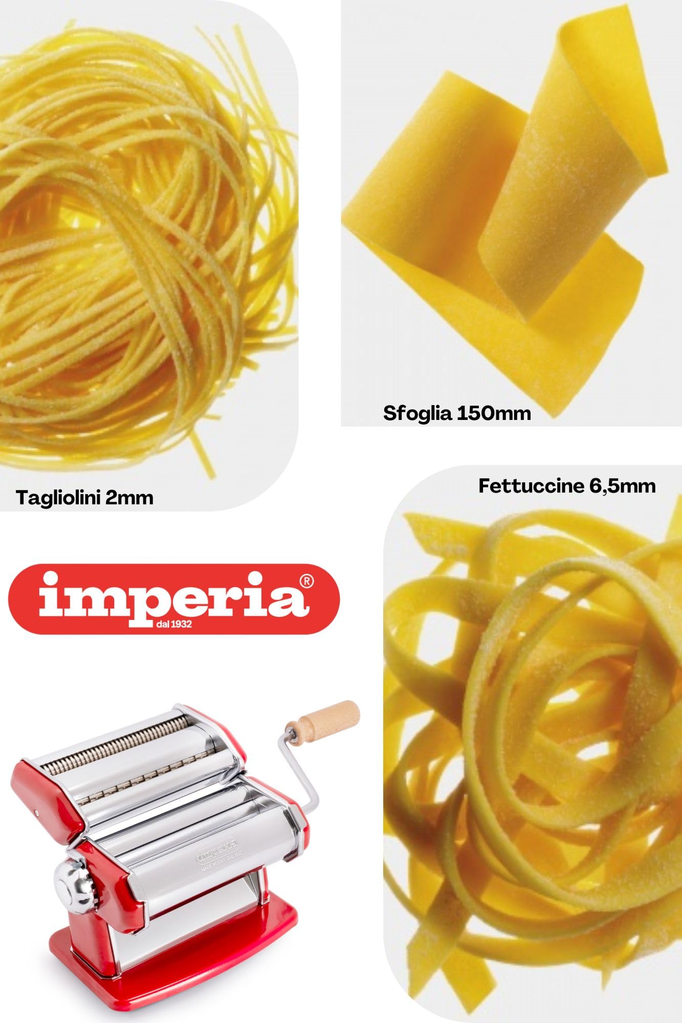 Italienische Pasta (imperia® IPasta Fettuccine und Tagliolini Schnitte 2/6,5 mm+Simplex Spaghetti (Ø2 mm) +imperia® Raviolamp 24 klassische Ravioli)