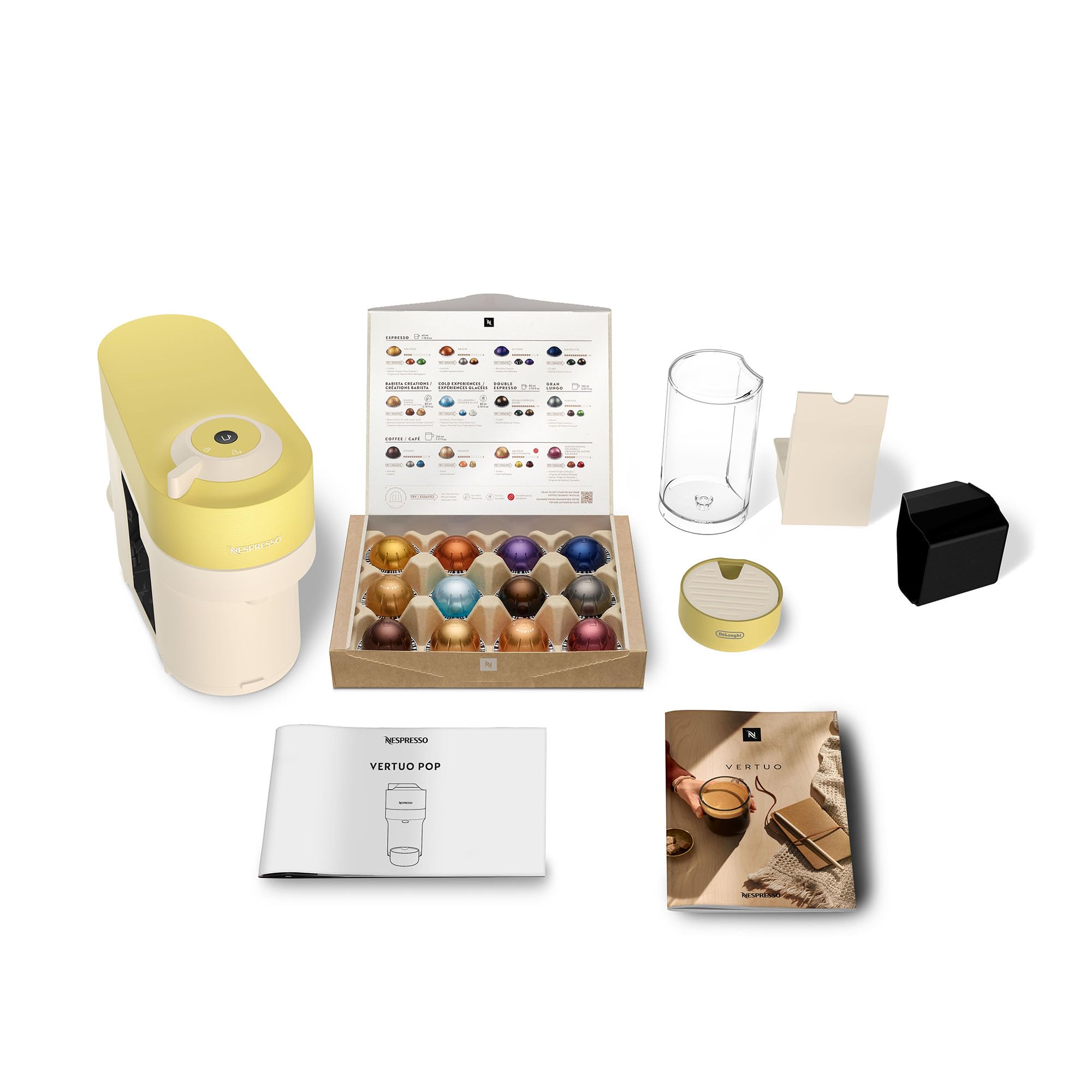 De'Longhi Nespresso Vertuo Pop - Machine à Café en Capsules, Technologie Centrifusion, 4 Tailles de Tasse, Set de 12 Capsules Inclus, Jaune Pastel (ENV90.LE)