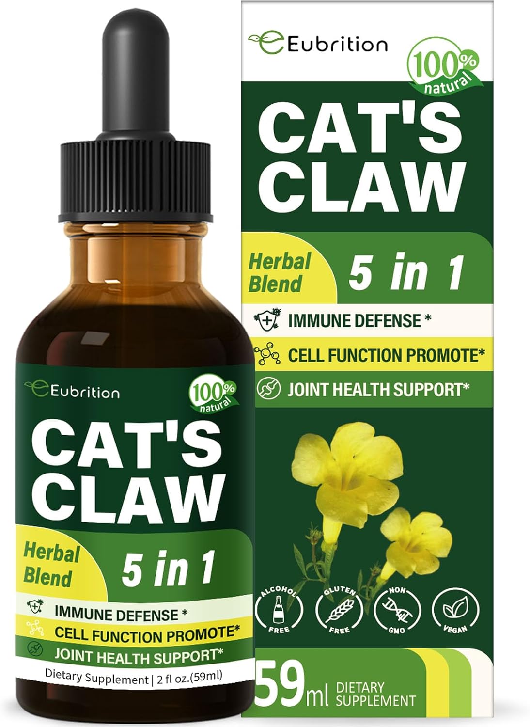 Cat’s Claw herb (Uña de Gato) Immune Support Liquid Drops, 5-in-1 Herbal Supplement with Echinacea & Elderberry Extract, Alcohol Free Tincture for Immunity Boost, Joint & Bone Health. 2 oz