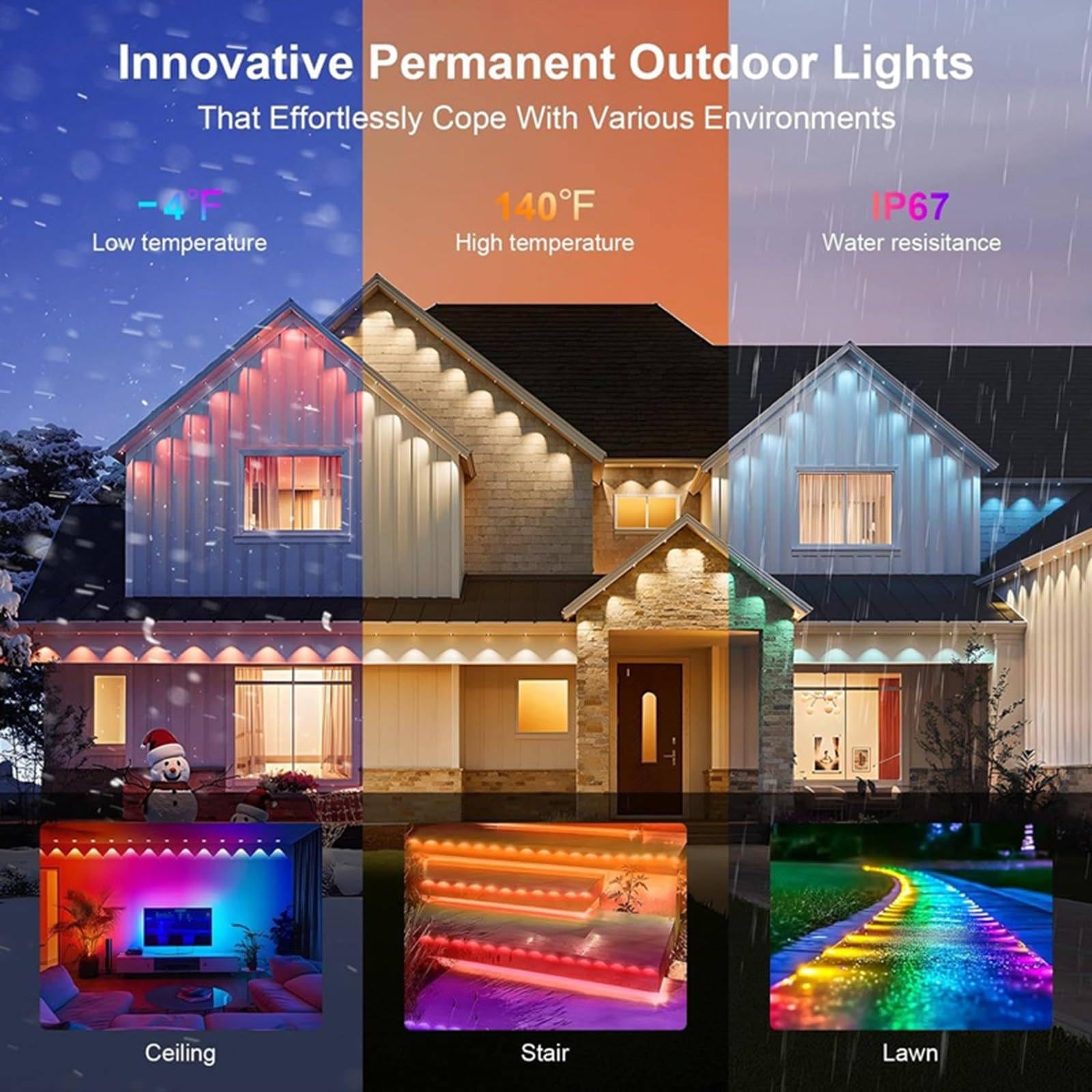 Tira de luces LED de pared, luz ambiental inteligente RGB+IC, IP67 impermeable, iluminación exterior con aplicación y control remoto