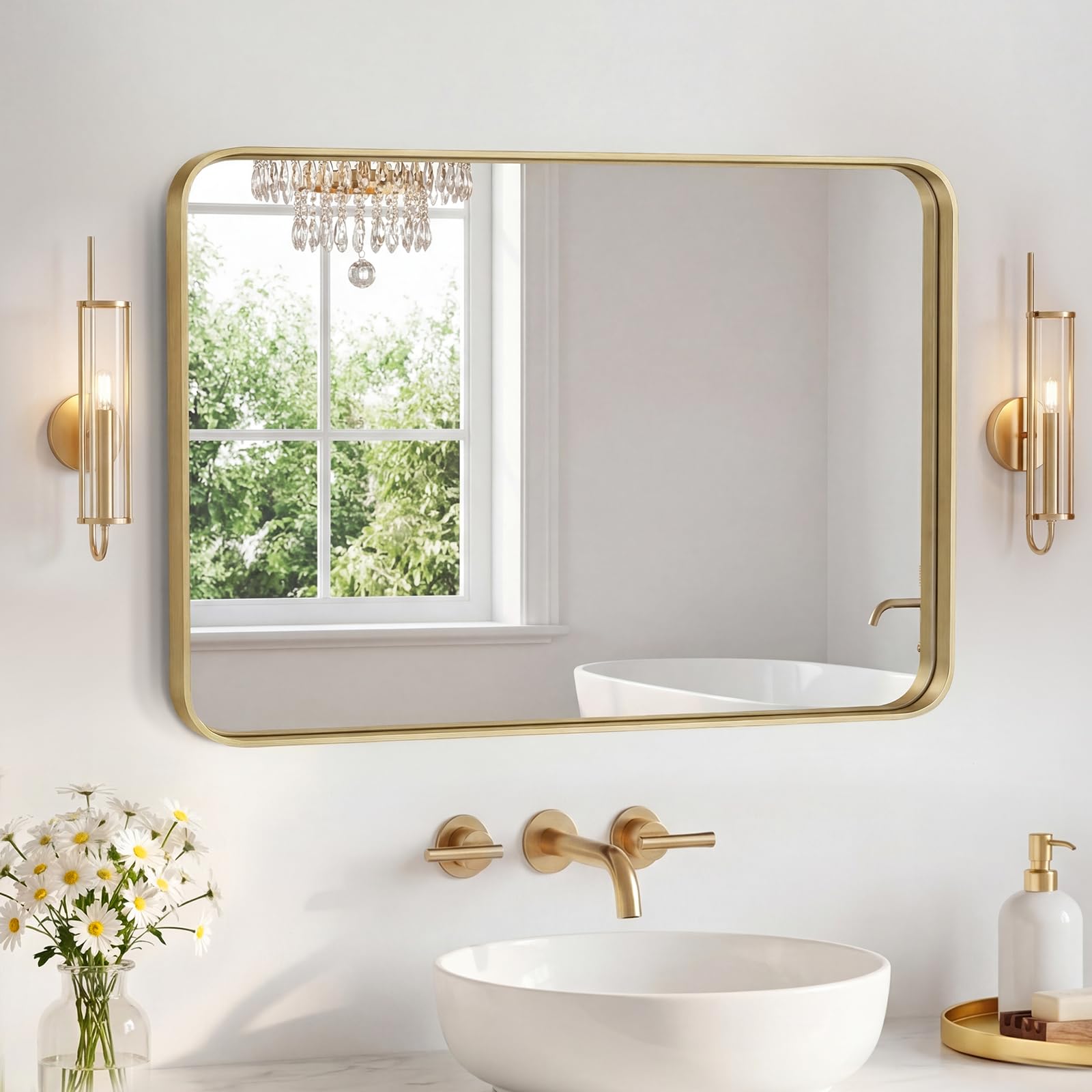 Sweetcrispy Bathroom Mirror 32x24 Inch Metal Framed Rounded Rectangle Vanity Mirror for Wall, Over Sink, Farmhouse, Restroom, Anti-Rust, Modern Decorative, Horizontal or Vertical Hanging, Gold