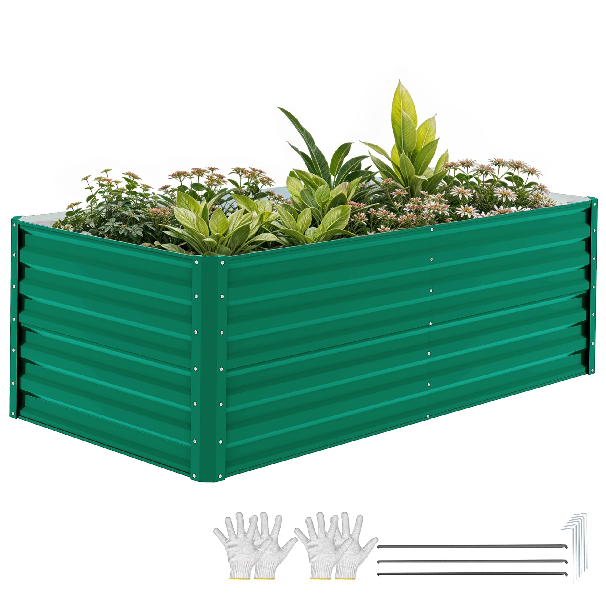 DWVO Bancal de Metal 180 x 90 x 60 cm con Guantes, bancal Alto de Acero Inoxidable y Resistente a la Intemperie, Estable galvanizado con Goma de Seguridad para Verduras, Flores, Frutas, Verde