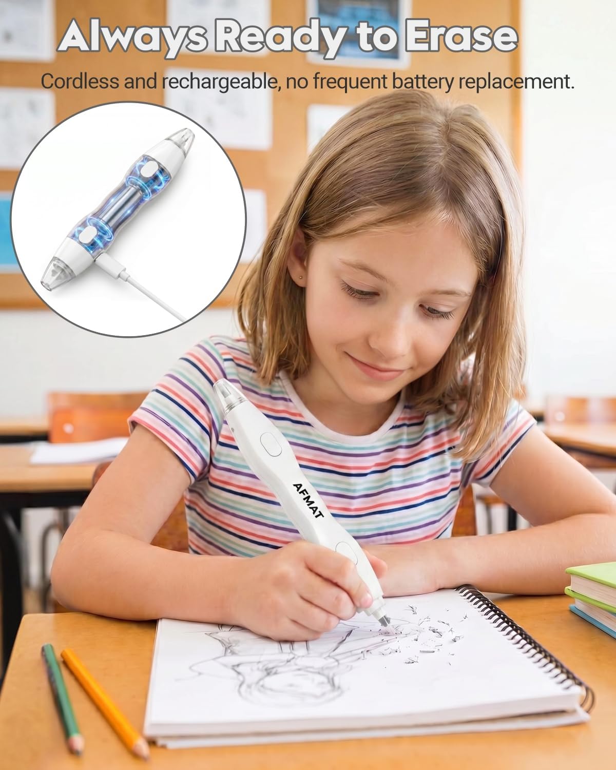 AFMAT Electric Eraser with 140 Eraser Refills, Rechargeable Pencil Erasers for Artists, Electric Erasers for Drafting, Drawing, Painting, Sketching, Architectural Plans, Detailer Tool EE25(White)