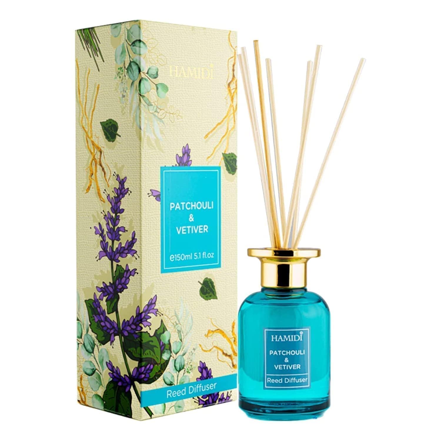 HamidiPatchouli & Vetiver Reed Diffuser 150ml Scented Stick Set, Non Alcoholic, Indoor & Outdoor, Aromatherapy, Air Freshener Reed Diffusion Oil, Refill, Relaxing, Long Lasting