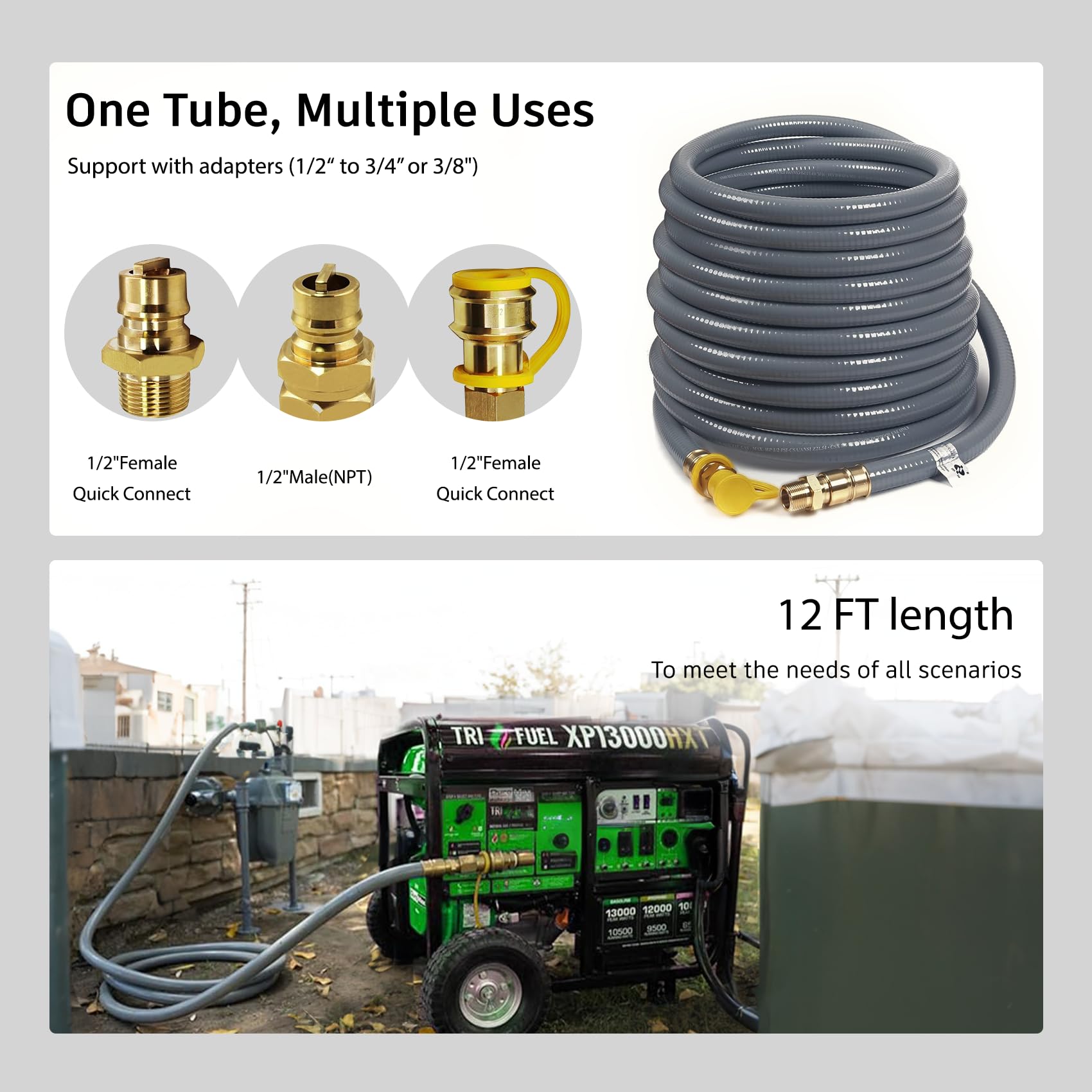 Kit tubo flessibile per gas naturale di grado industriale da 1,27 cm, tubo per gas naturale per barbecue, in ottone a prova di perdite, collegamento rapido, pronto per uragano per generatori e griglie