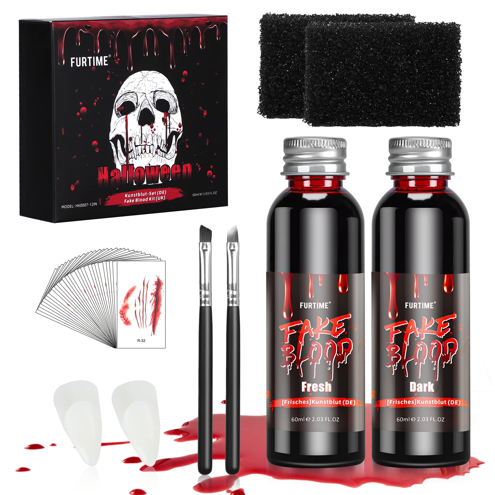 FURTIME Sangre Falsa Halloween, 60ml Sangre Fresca Artificial, 60ml Sangre Falsa Roja Oscura, Dientes de Zombi, 30 Piezas de Tatuajes de Cicatrices Temporales, Kit de Maquillaje de Efectos Especiales