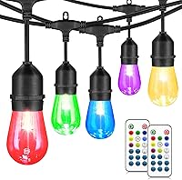 Mlambert 48FT RGB Outdoor String Lights Waterproof Dimmable with Remote, 15 Shatterproof LED Bulbs for Patio Party Cafe - Black Cord