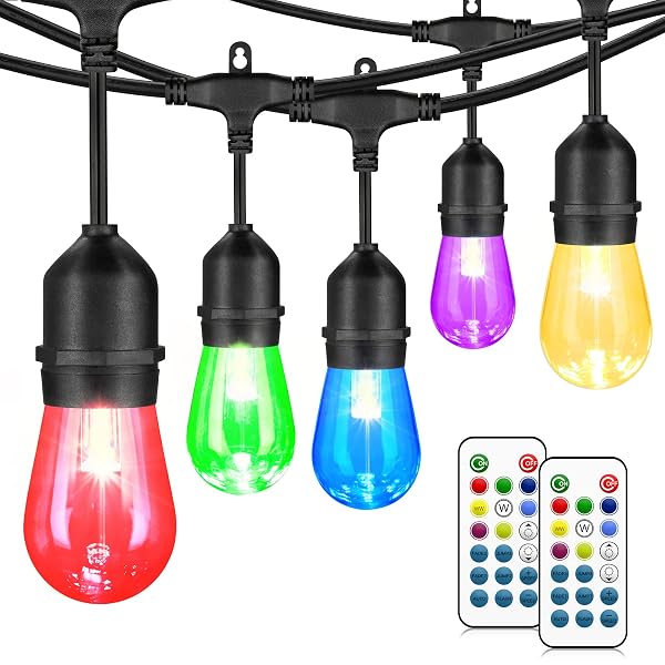 Mlambert 48FT Outdoor Patio Lights Waterproof Dimmable with Remote, RGB Cafe LED String Light with 15 Shatterproof Bulbs for Bistro Party-Black 1 Pack