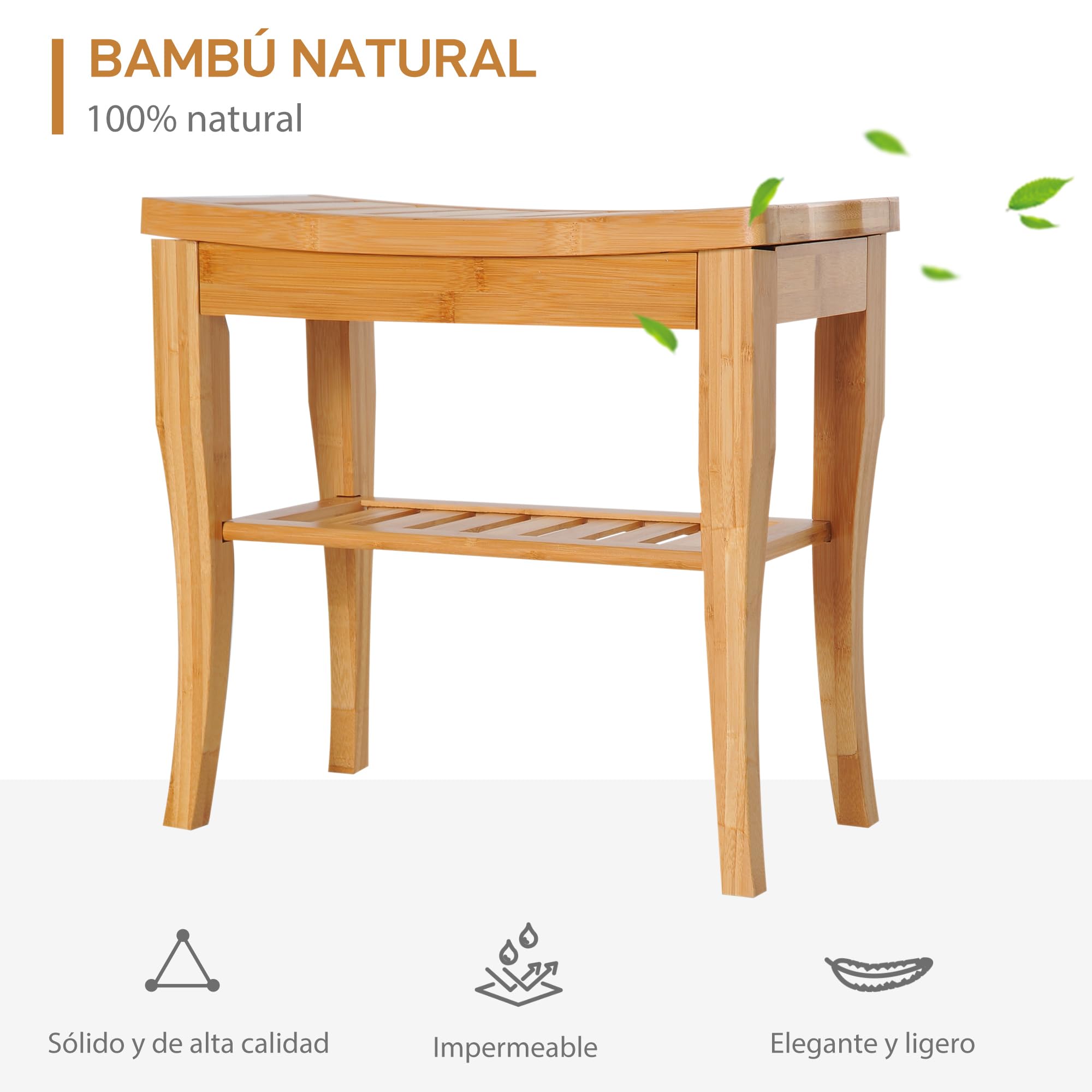 HOMCOM Taburete de Baño de Bambú con Estante de Almacenamiento Banco de Baño Antideslizante Impermeable y Robusta Taburete de Ducha para Hogar Salón Dormitorio SPA 47,5x26x44,5 cm Natural