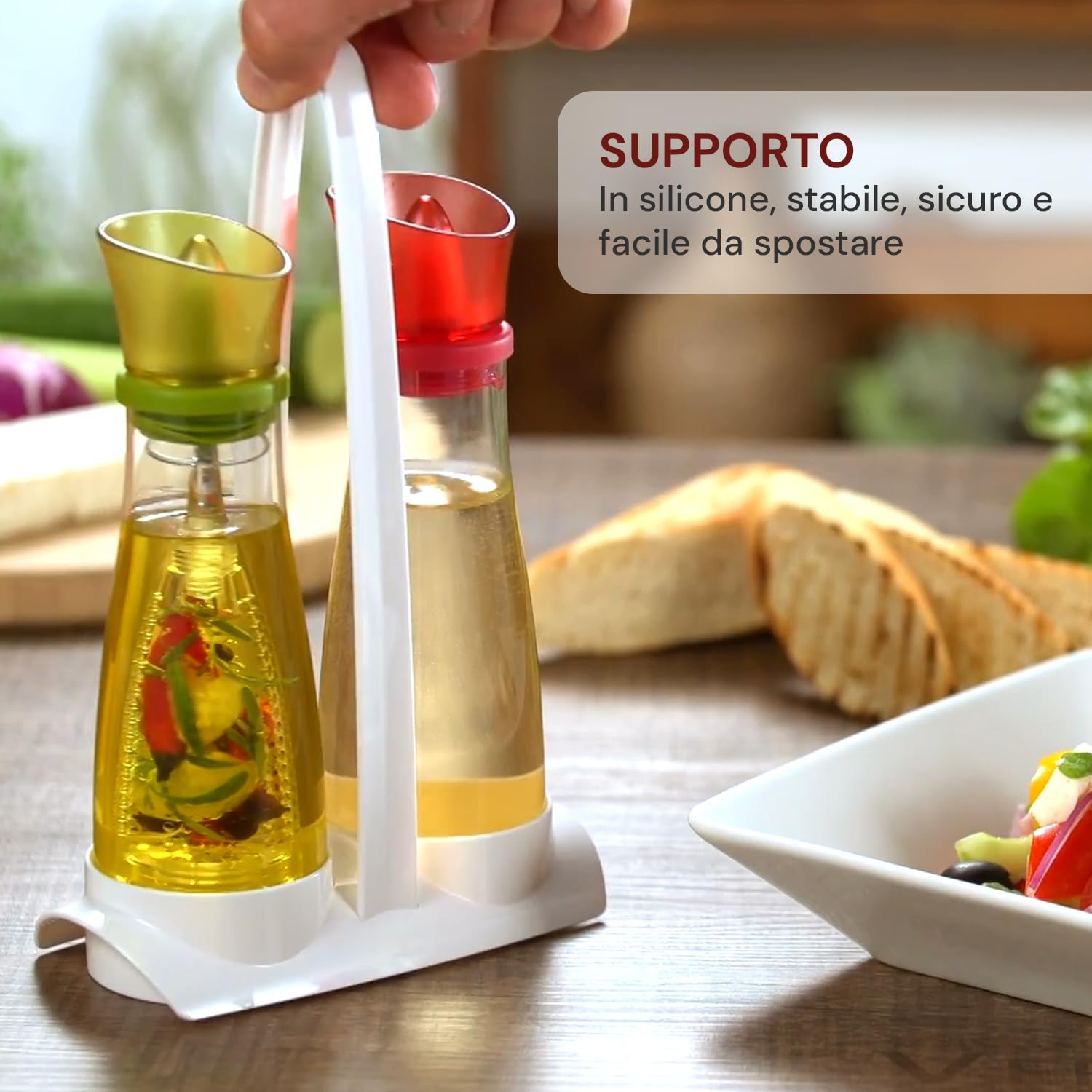 Avilia Set da Tavola Olio e Aceto 250ml - Realizzate in Vetro Robusto - Beccucci Flessibili Antigoccia in Silicone - Tappi Colorati Verde e Bordeaux - Supporto Comodo ed Elegante - Facile da Pulire