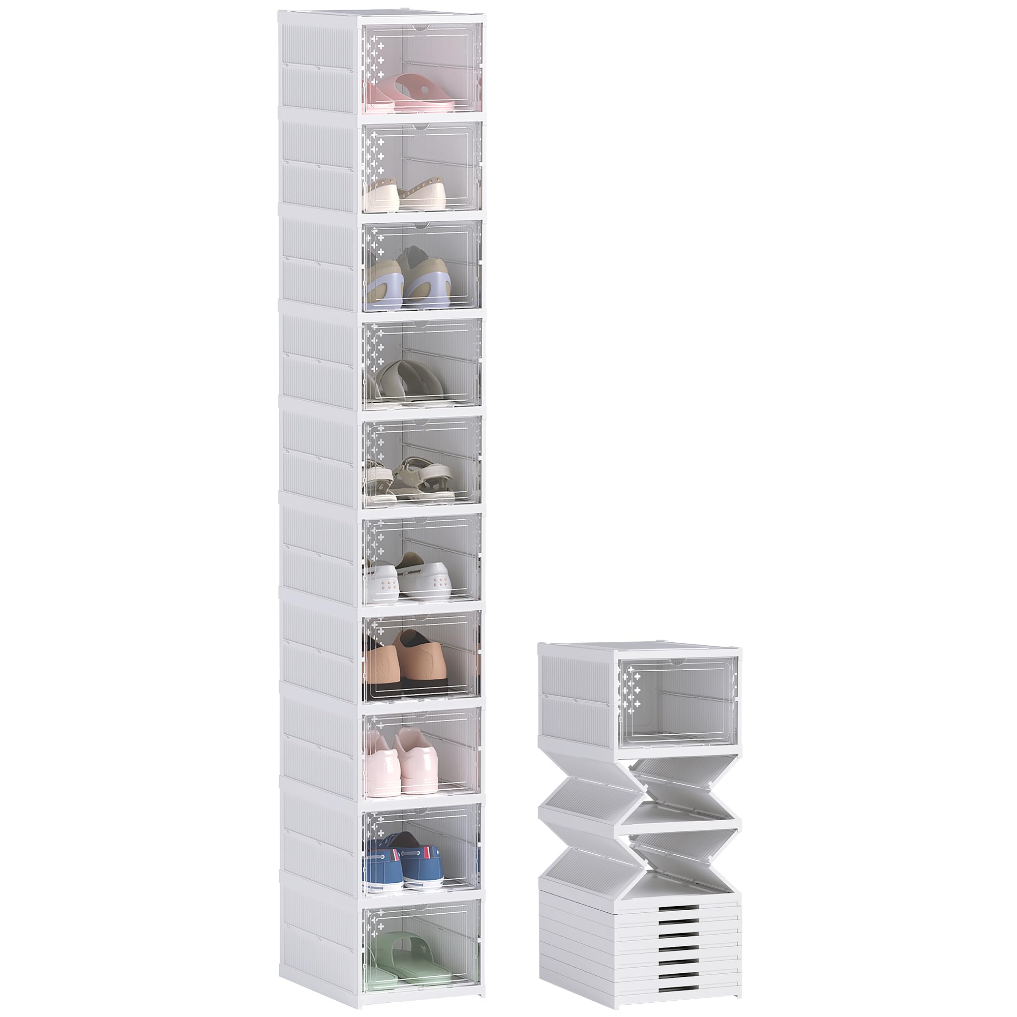 HOMCOM 10 Pack Organizador Zapatos Pleg. Plást. Talla 10 US Blanco | Sin montaje, caja apilable para zapatos, puerta transparente, ahorra espacio