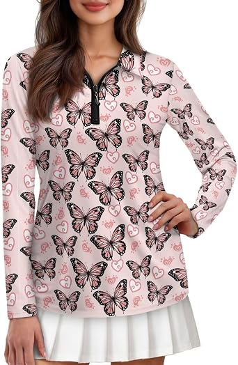 Poceacles Womens V Neck Golf Polo Shirts Long Sleeve Quarter Zip Print Tennis Top Active Tennis Shirts Print Tennis Tops