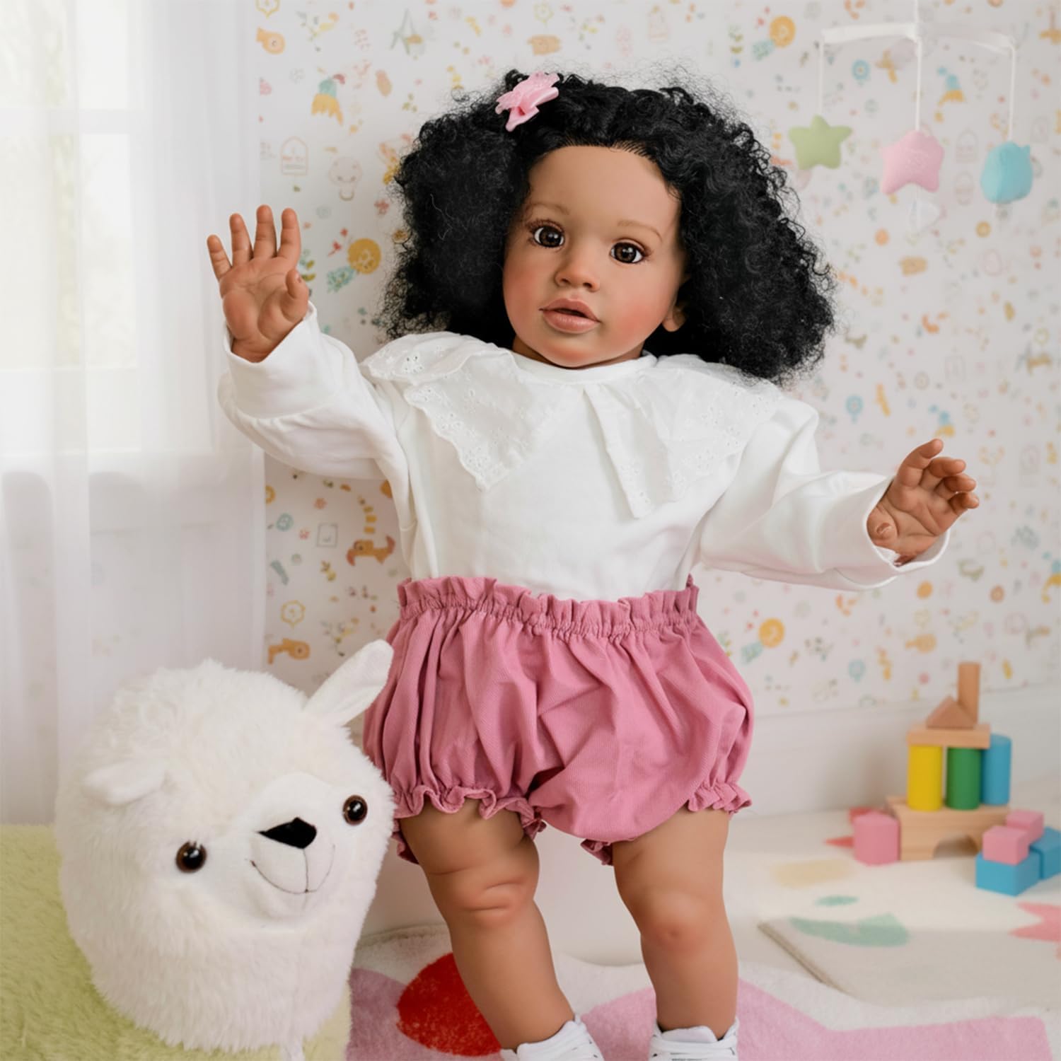 Pinky Lifelike Black Reborn Baby Dolls 26 Inch 68cm Baby Soft Body Realistic Newborn Baby Doll with Hair African American Real Life Baby Dolls Cloth Body Toy for Kids Age 3+