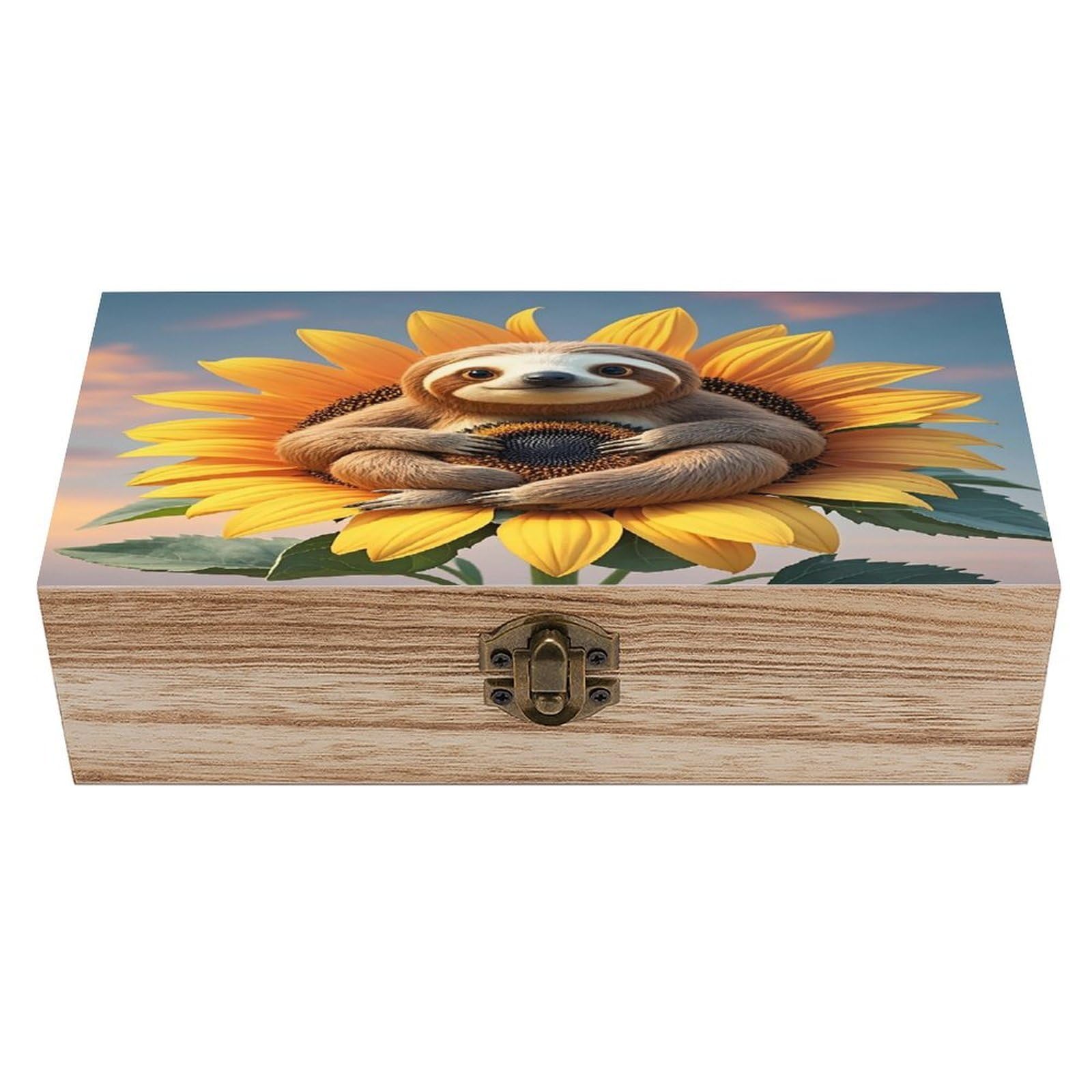 LZQPOEAS Sloth Sitting on Sunflower Wooden Box Storage Space to Organize Jewelry in A Beautiful Small Storage Box Decorative Card Boxes Memory Treasure Boxes for Crafts And Photo Storage