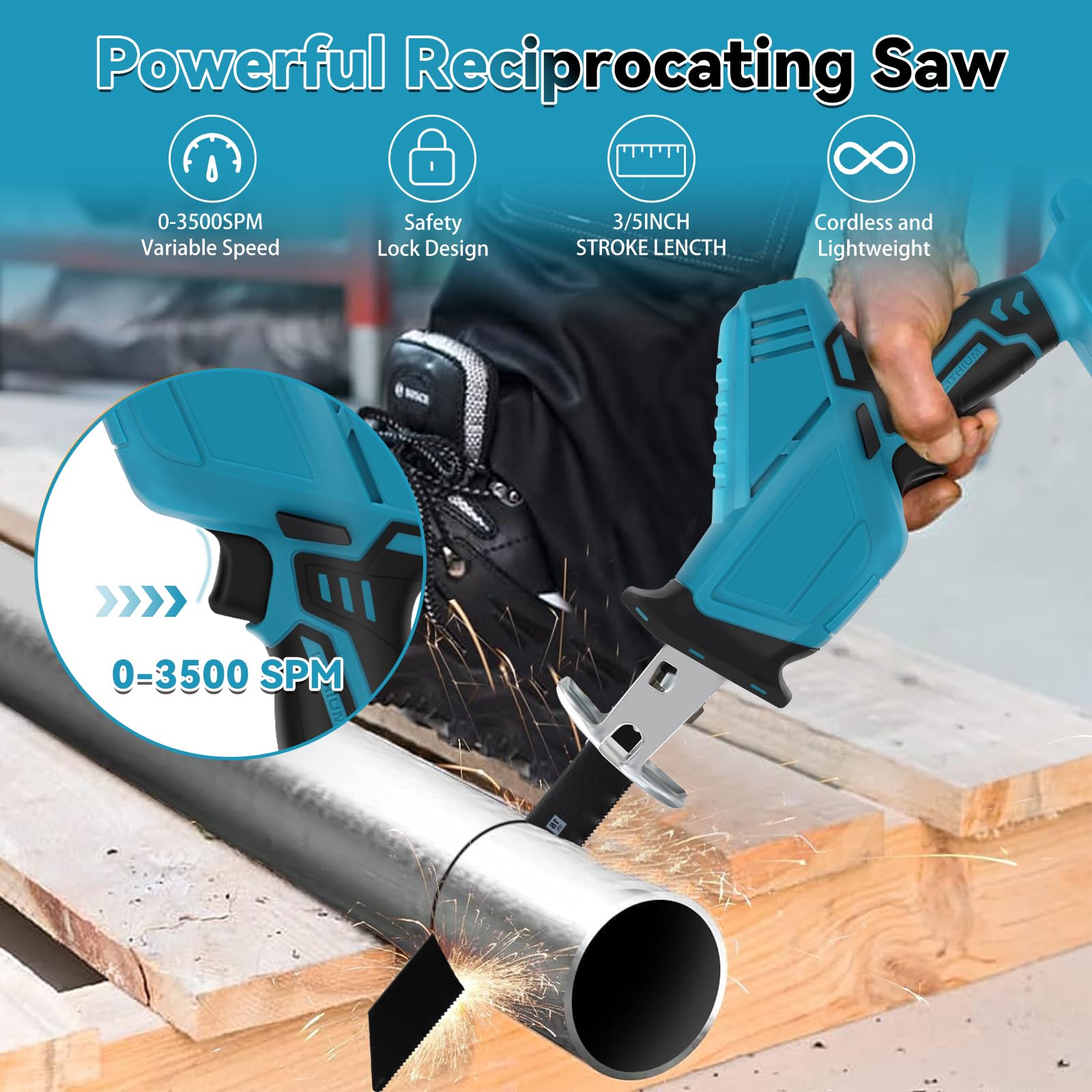 Sierra Alternativa Inalámbrica Compatible con Makita 18V, Sierra Sable Eléctrica Velocidad Variable, Sierra Manual con Cambio Hoja sin Herramientas, para Metal, Tuberías, Poda Árboles (Dos baterías)