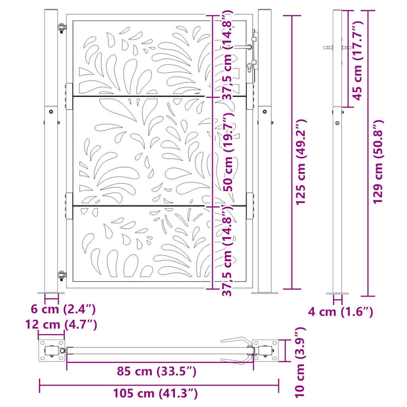 Cancello da giardino, 100 x 125 cm, design ondulato, in acciaio resistente alle intemperie, effetto ruggine, inclusi pali e materiale di montaggio, per giardino, terrazza e terreno