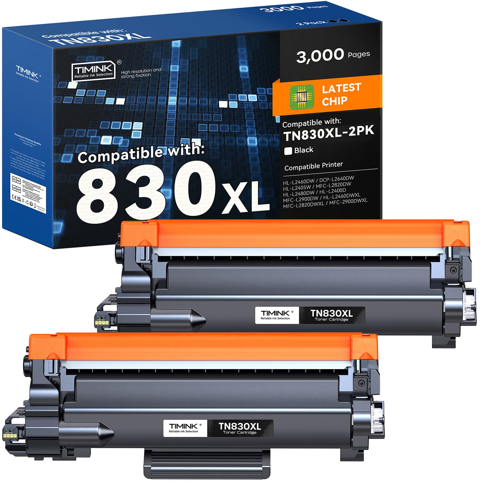 Compatible TN830XL Toner Cartridges Replacement for Brother TN830 TN-830XL 830XL Toner Cartridge Work with Brother HL-L2460DW DCP-L2640DW HL-L2400D HL-L2405W MFC-L2820DW Printer (2 Pack, Black)
