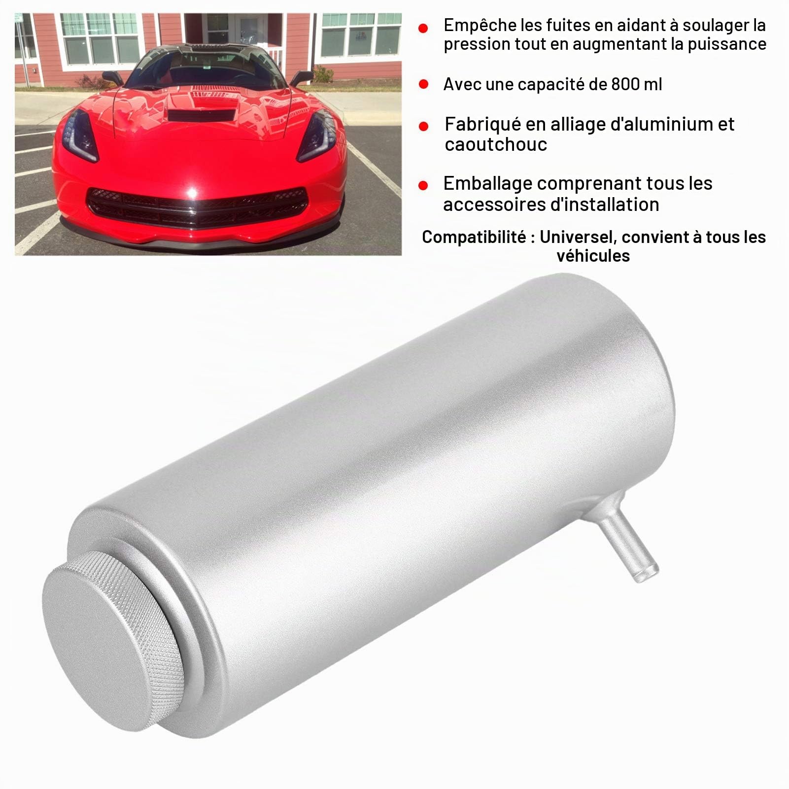 Réservoir de Liquide de Refroidissement, Réservoir de Trop-plein de Liquide de Refroidissement Universel, Réservoir de Récupération en Aluminium de Liquide de Refroidissement(Argent)