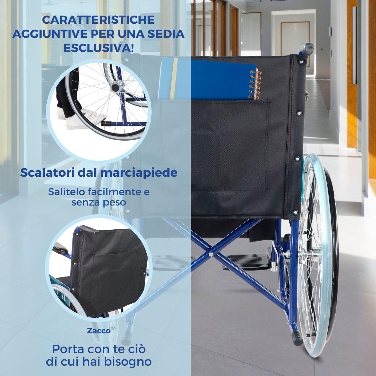 Mobiclinic®, Sedia a rotelle pieghevole, Alcázar, Freno manuale, Poggiapiedi fissi e braccioli pieghevoli, Marchio europeo, Carrozzina, Seduta 46 cm, Colore blu/nero