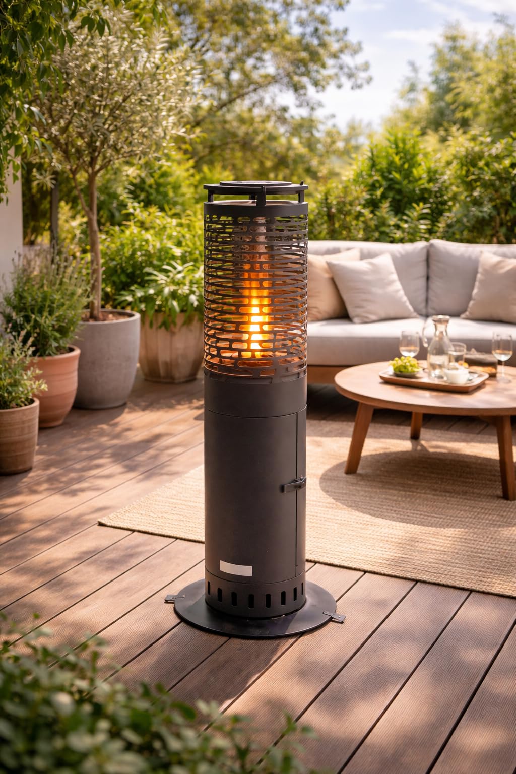 DREXON - Cheminée de Terrasse à Pellets 6,86 kW PATIO HEAT – Brasero pour exterieur et Jardin – Autonomie 2h – Structure Acier & Verre – IPX4 – 26 x 26 x 95 cm