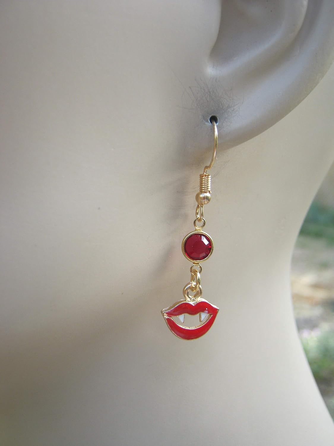 Vampire Lips Birthstone Earrings, Gold Tone Anatomy Earrings, Personalized Fang Kiss Jewelry, Red Enamel