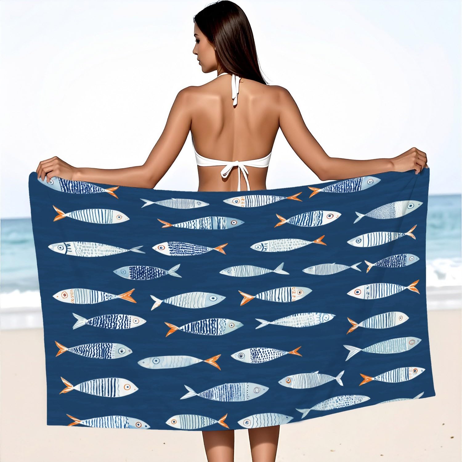 Générique Drap de Plage Anti Sable Sechage Rapide 180 cm x 160 cm Moderne Calme Serviette de Plage Microfibre Simple Frais Maritime Thème Animaux Poisson Absorbante Super Couverture de Plage