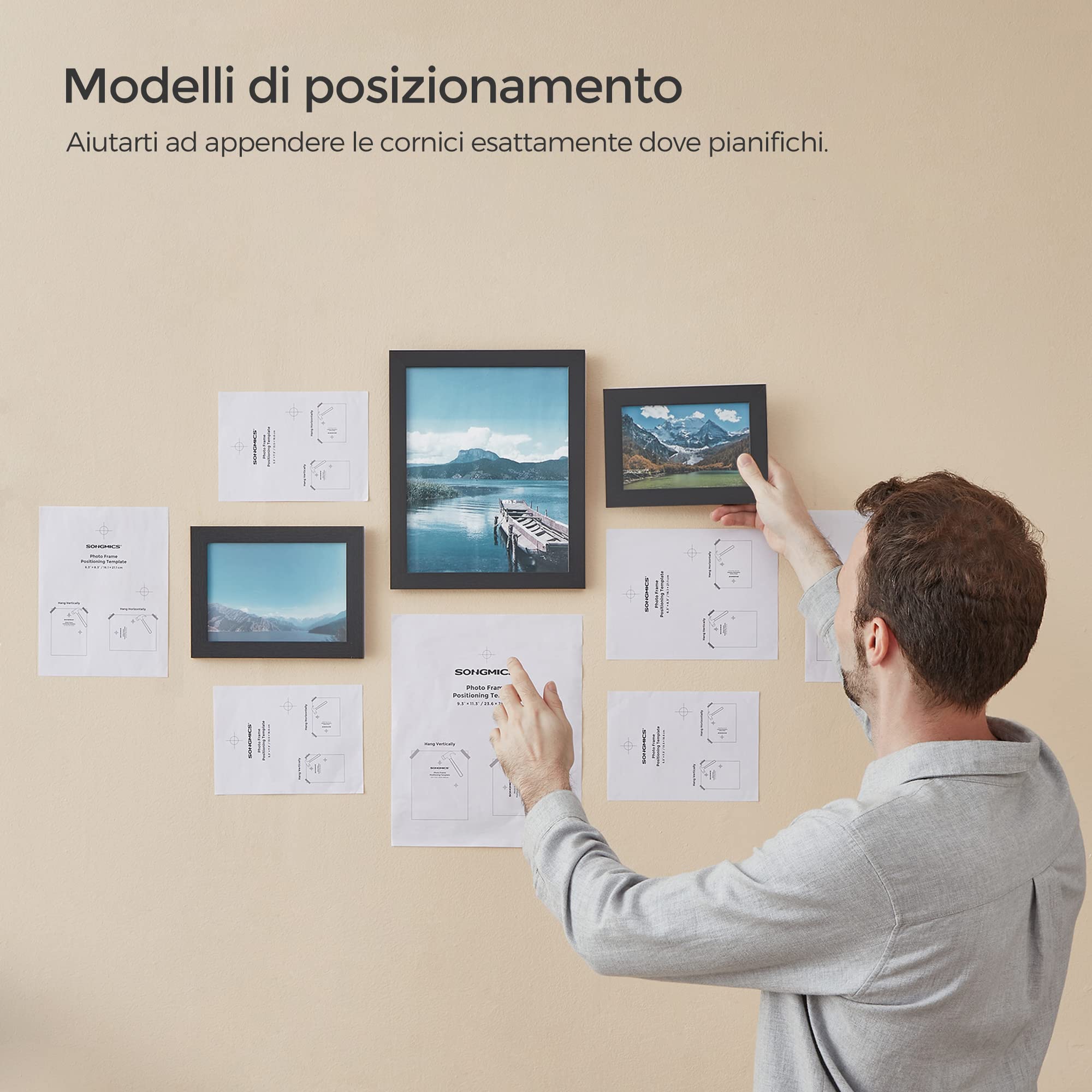 SONGMICS Set di 10 Cornici per Foto, 20x25 cm, 13x18 cm, 10x15 cm, PS e MDF, Nero Inchiostro RPF310H