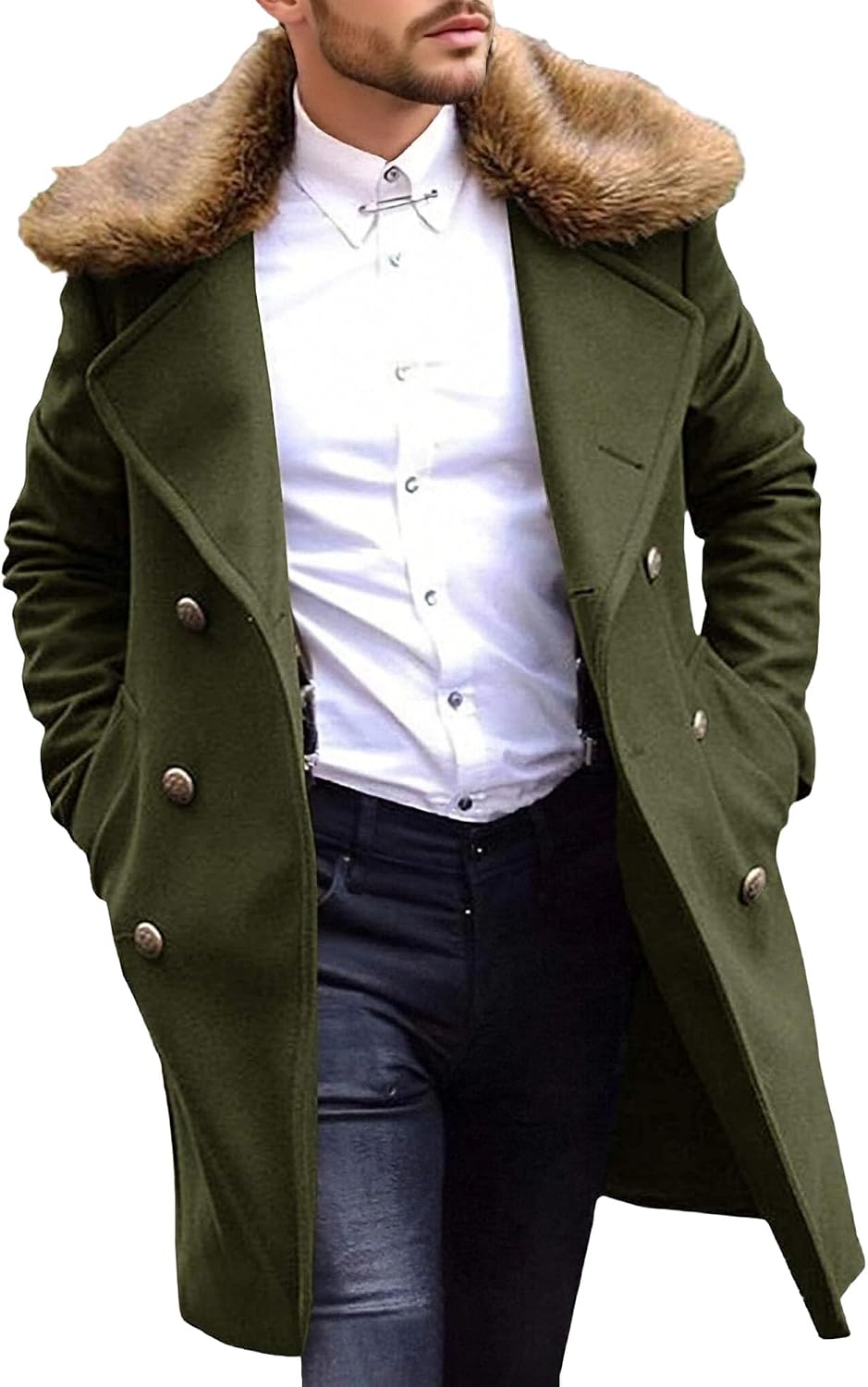 Maiyifu-GJ Men's Winter Wool Blend Trench Coat Mid-Length Double Breasted Pea Coats Casual Business Long Jackets Overcoat