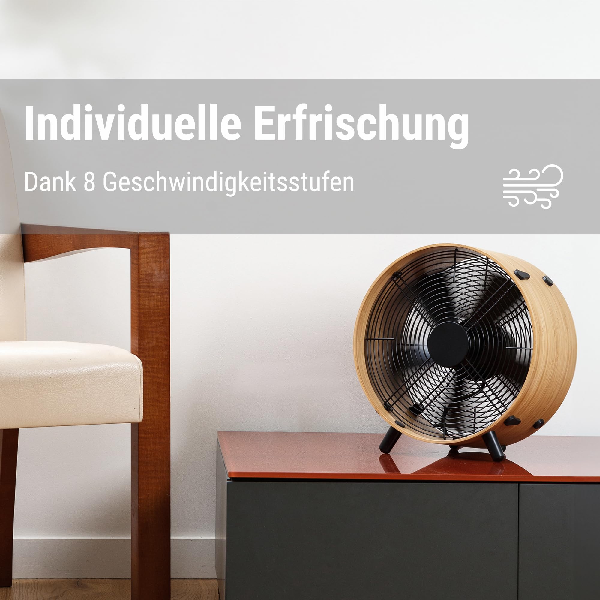 Stadler Form Ventilator Otto, aus Bambus, mit 8 Geschwindigkeiten, ideal im Sommer und fürs Schlafzimmer, Wohnzimmer und Büro geeignet, einfache Reinigung, bis 22 Watt