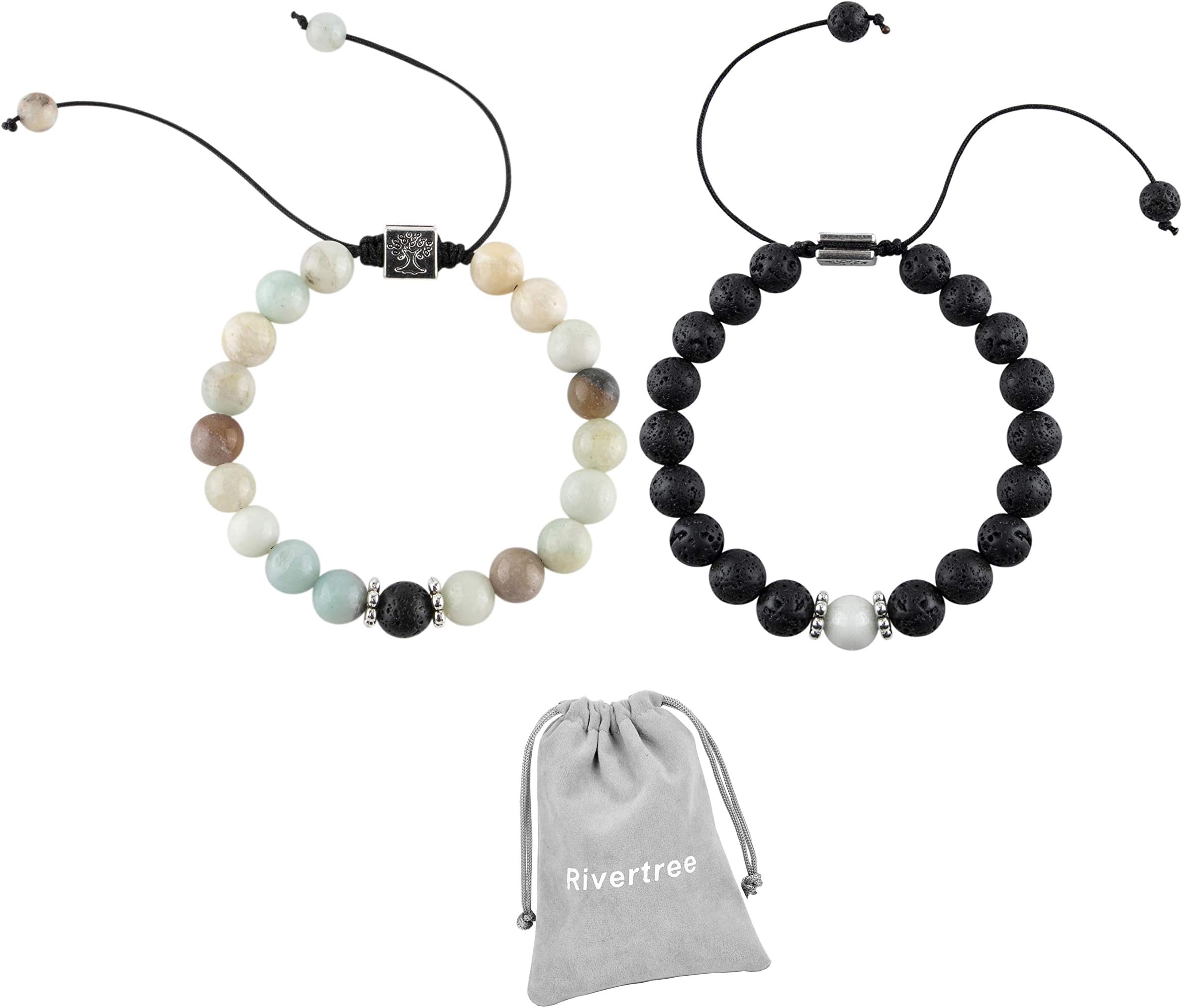 Set of 2 Chakra Lave Diffuser Bracelet Black Natural Stone Gemstone Healing Long Distance Relationship for Couple Best Friend Reiki Healing for Anxiety Calming Stress Relief