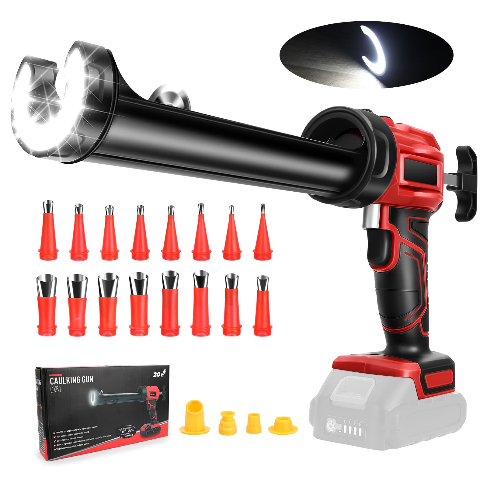 Prensa de cartuchos de batería de 18V – Pistola eléctrica de silicona con luz LED y 4 niveles de velocidad para cartuchos de 300 ml, pistola de calafateo para sellar