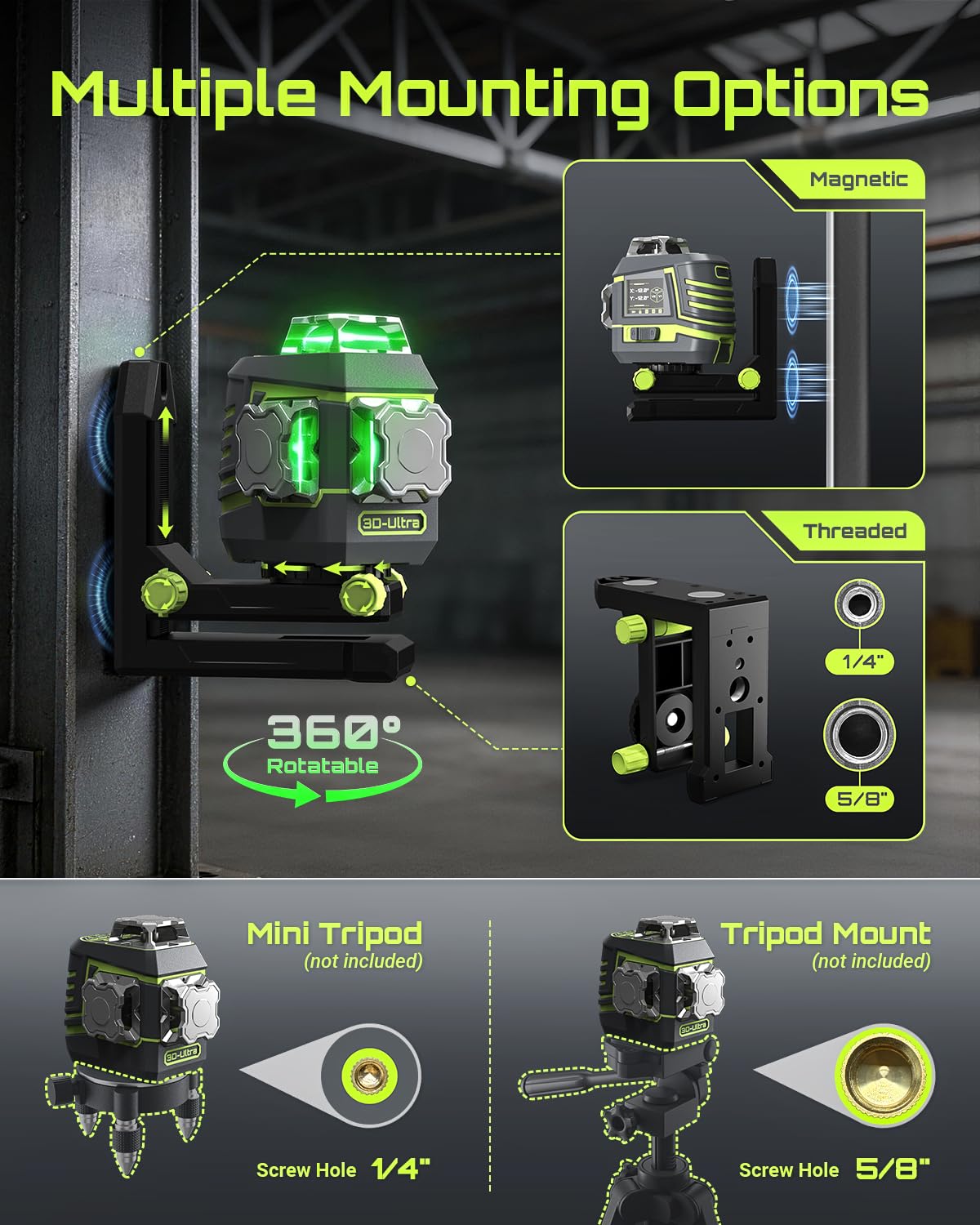 LASGOO 3D-Ultra 12 Linien Selbstnivellierender Kreuzlinienlaser 3x360° mit LCD-Display, Fernbedienung, 2 Akkus & Magnetständer, für Bau und Bildaufhängung