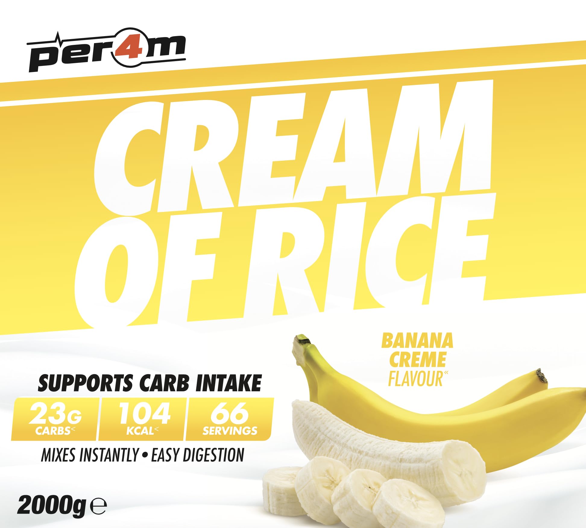 Per4m Cream of Rice, Farina di Riso Senza Glutine e Digeribile, Carboidrati Rapidi per Energia e Recupero, Facile da Preparare, Pasto Pre e Post Allenamento per Sportivi – Banana Creme – 2kg