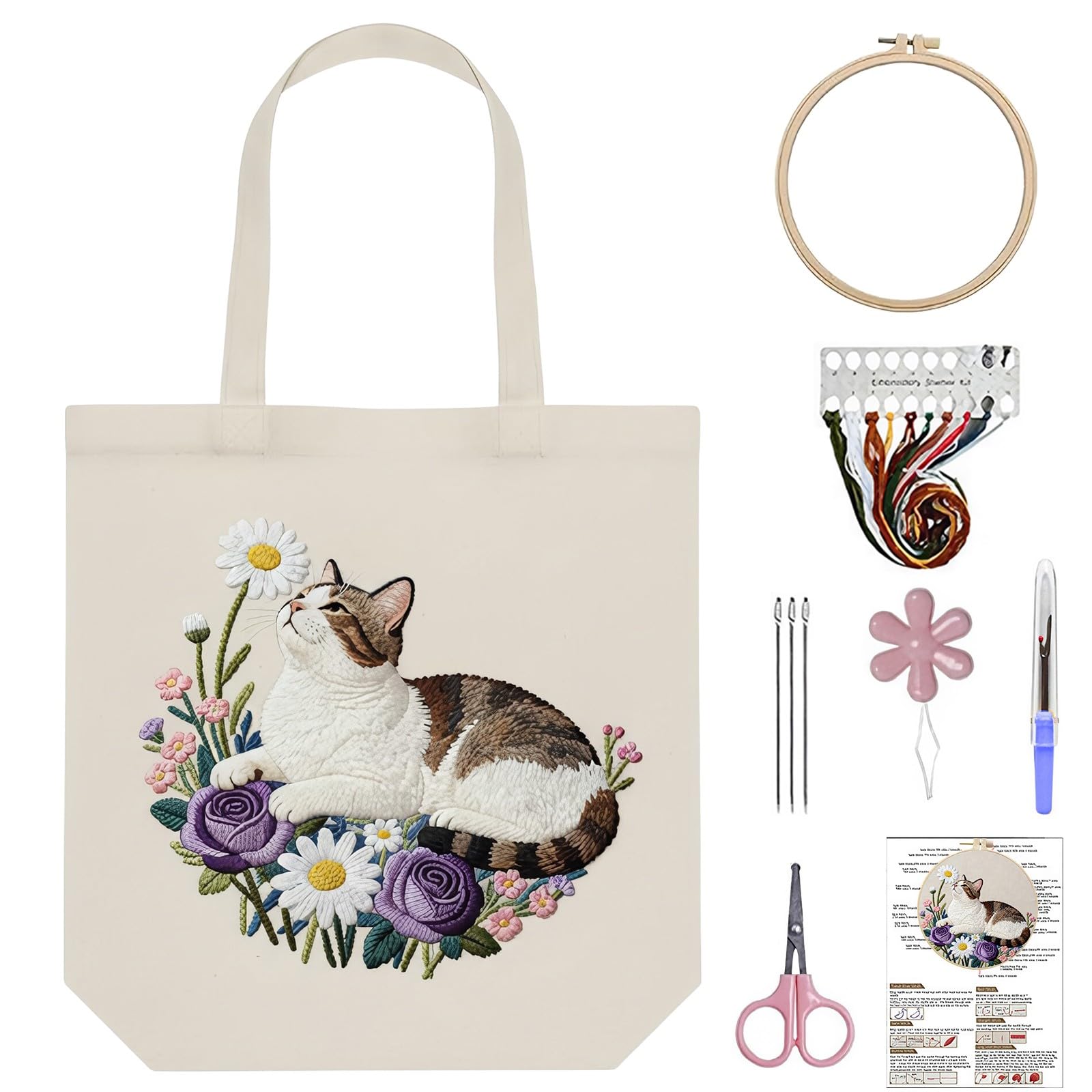Lebartm Embroidery Tote Bag Embroidery Kit for Beginners Cross Stitch Handbag Cat Patterns with Hoop Needle Threads Fabric Reusable Grocery Bag for Women-Cat04 — image 1