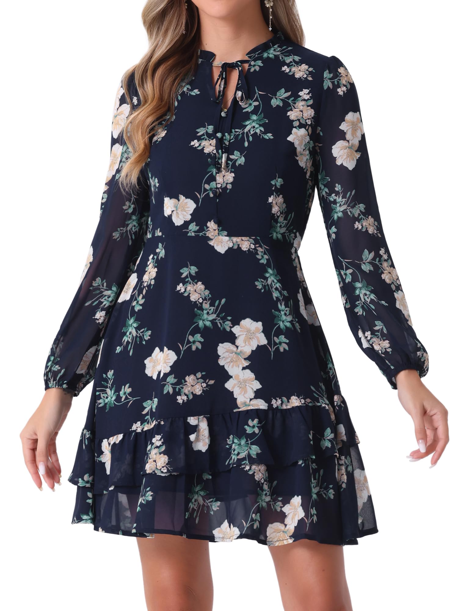 Allegra KWomen's Summer Floral Tie V Neck 2024 Semi Sheer Long Sleeve Layered Tiered Chiffon Mini Dress