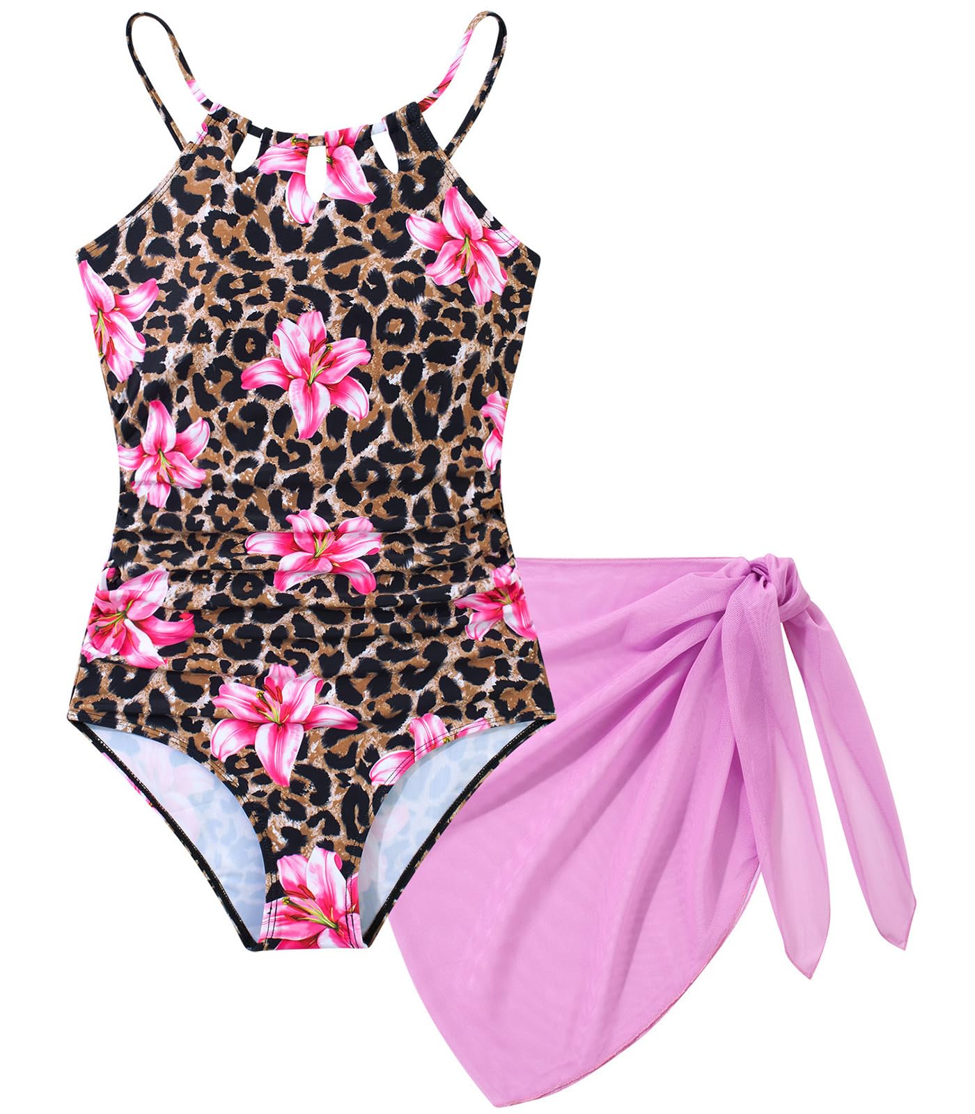 Girls One-Piece Swimsuit Bathing Suit with Cover Ups Size 7-16 | Adjustable spaghetti straps,Cut-out design, Removable chest pads, Swimwear for the beach, swimming pool, Hawaiian vacation