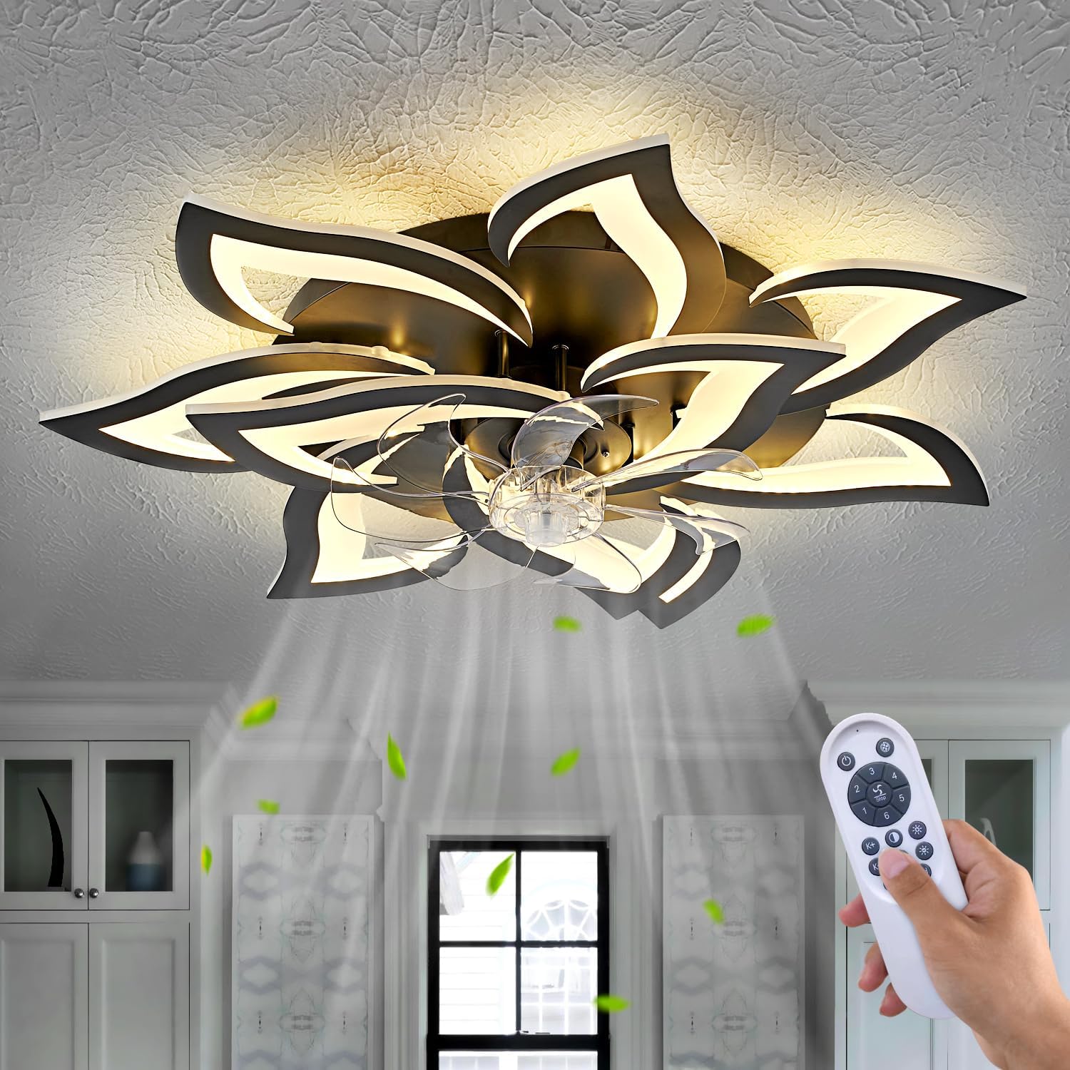 Modern Ceiling Fan with Light and Remote, Low Profile Ceiling Fans with Lights, 32 Inch Flush Mount Ceiling Fan with 3 Light Color 6 Speeds, Fandelier Ceiling Fan for Living Room, Dining Room 10 Leaves-32" black