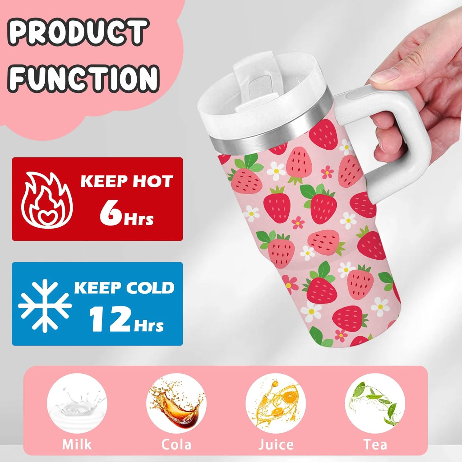 Strawberry Gifts for Girls - 14oz Pink Kids Strawberry Tumbler with Handle and Straw, Stainless Steel Insulated Water Cup, for School, Travel - Strawberries Themed Children Birthday Gift Cup(1pc) - Image 5