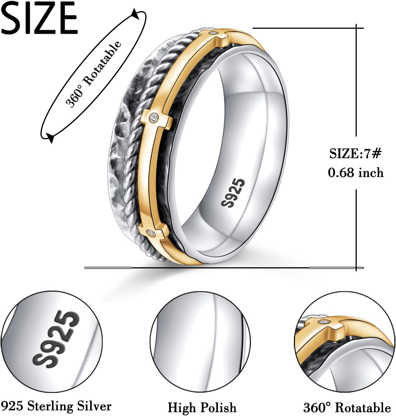 S925 Sterling Silver Cross Spinner Fidget Ring Anxiety Relief Boredom ADHD Band for Women - Image 5