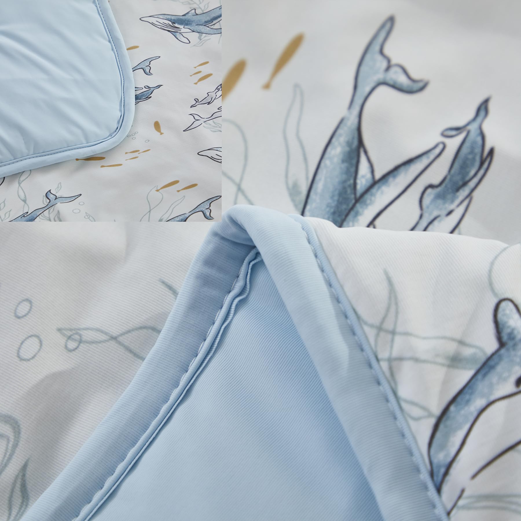Brandream Juego de ropa de cama para cuna de bebé para niños y niñas, 3 piezas, incluye sábana elástica de punto ultra suave, edredón acolchado, falda de cama para cuna, familia de ballenas con